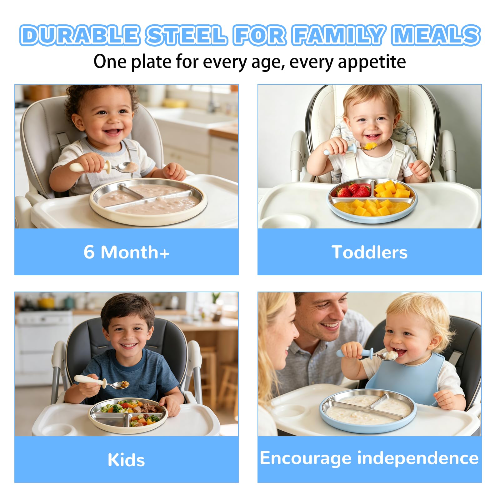Sweetone Lot de 2 assiettes pour enfants avec ventouse, sans BPA, en acier inoxydable, antidérapantes, divisées avec 2 fourchettes et 2 cuillères, passent au lave-vaisselle, idéales pour manger