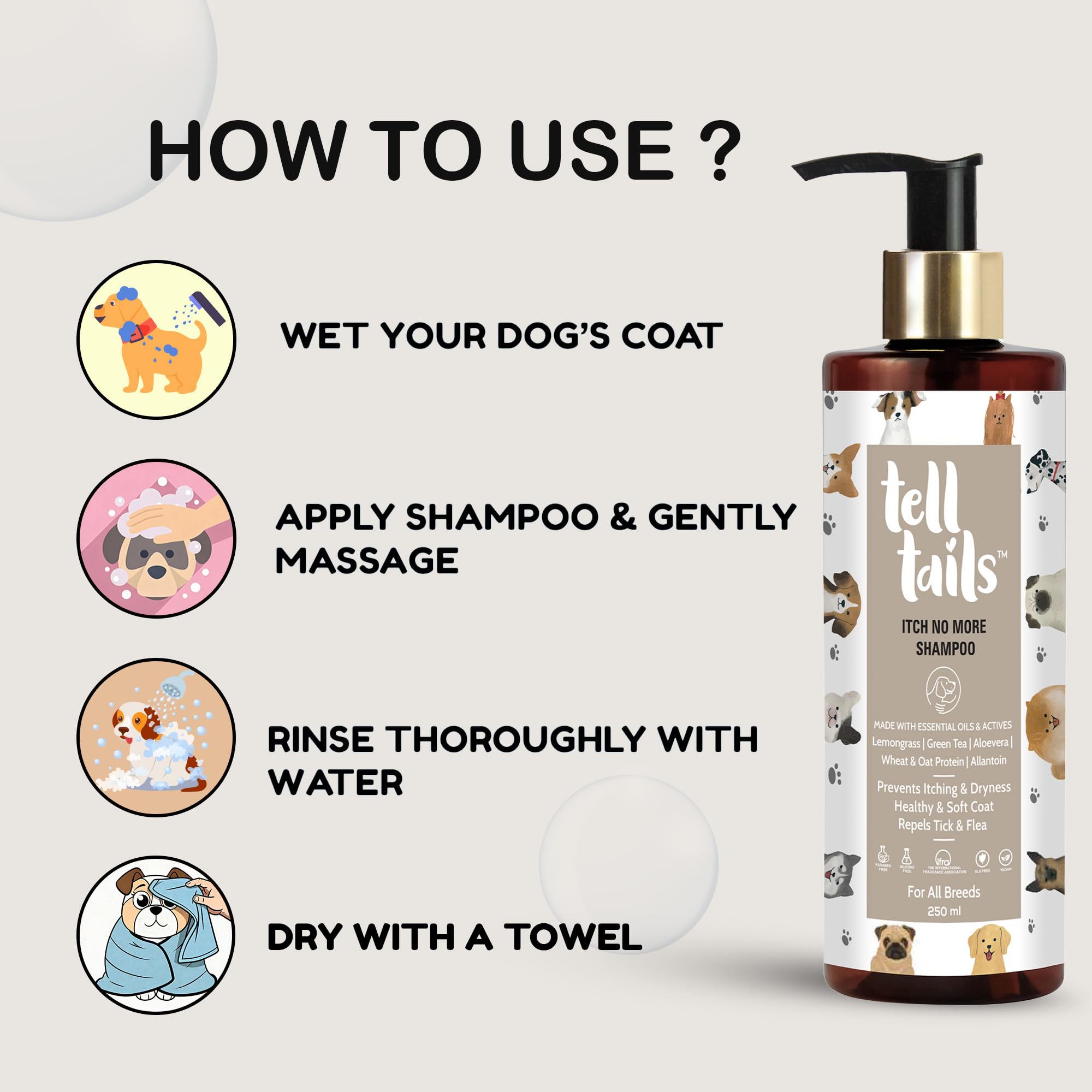 TELLTAILS Itch No More Dog Shampoo - 250ml - Prevents Itching, Removes Ticks & Fleas - Softens, Strengthens & Adds Shine - Lemongrass, Green Tea, Aloe Vera, Oat Protein - for Shih Tzu & All Breeds 2