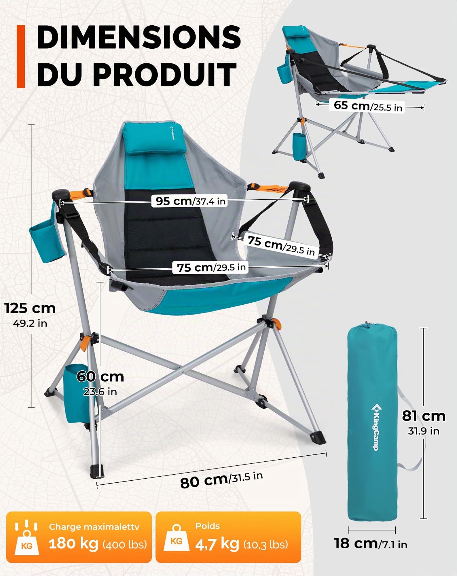 KingCamp Chaise de Camping à Bascule avec Repose-Pieds Pliable Cyan | Dossier Réglable 90–130°, Jusqu'à 180 kg, Cadre en Aluminium, Appui-Tête, Porte-Gobelet pour Camping et Jardin
