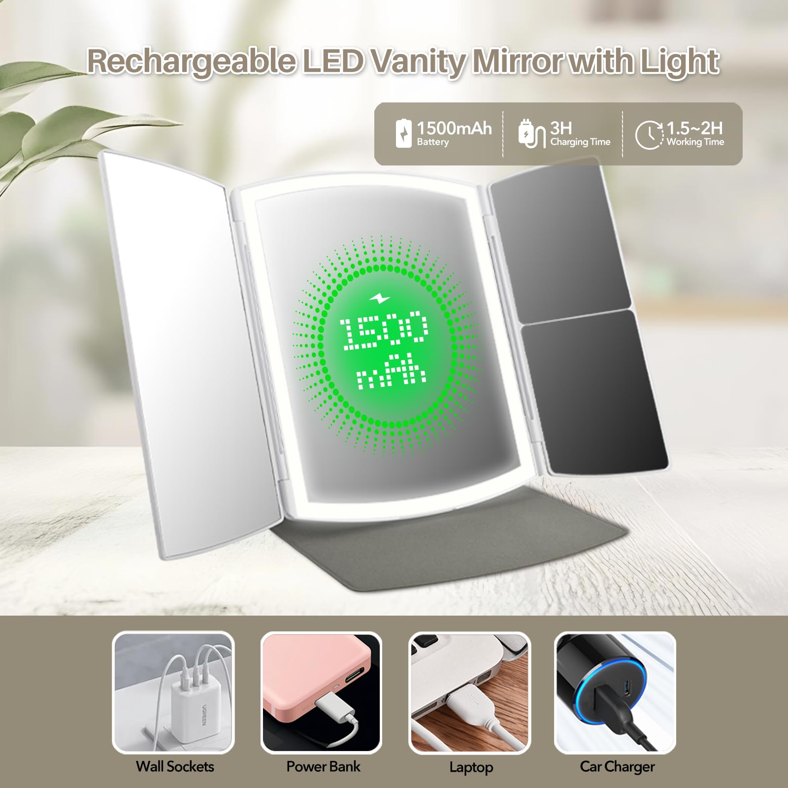 Dreifach faltbarer beleuchteter Kosmetikspiegel mit LED-Lichtern, Touchscreen und Vergrößerung, Schminkspiegel, funkelnd