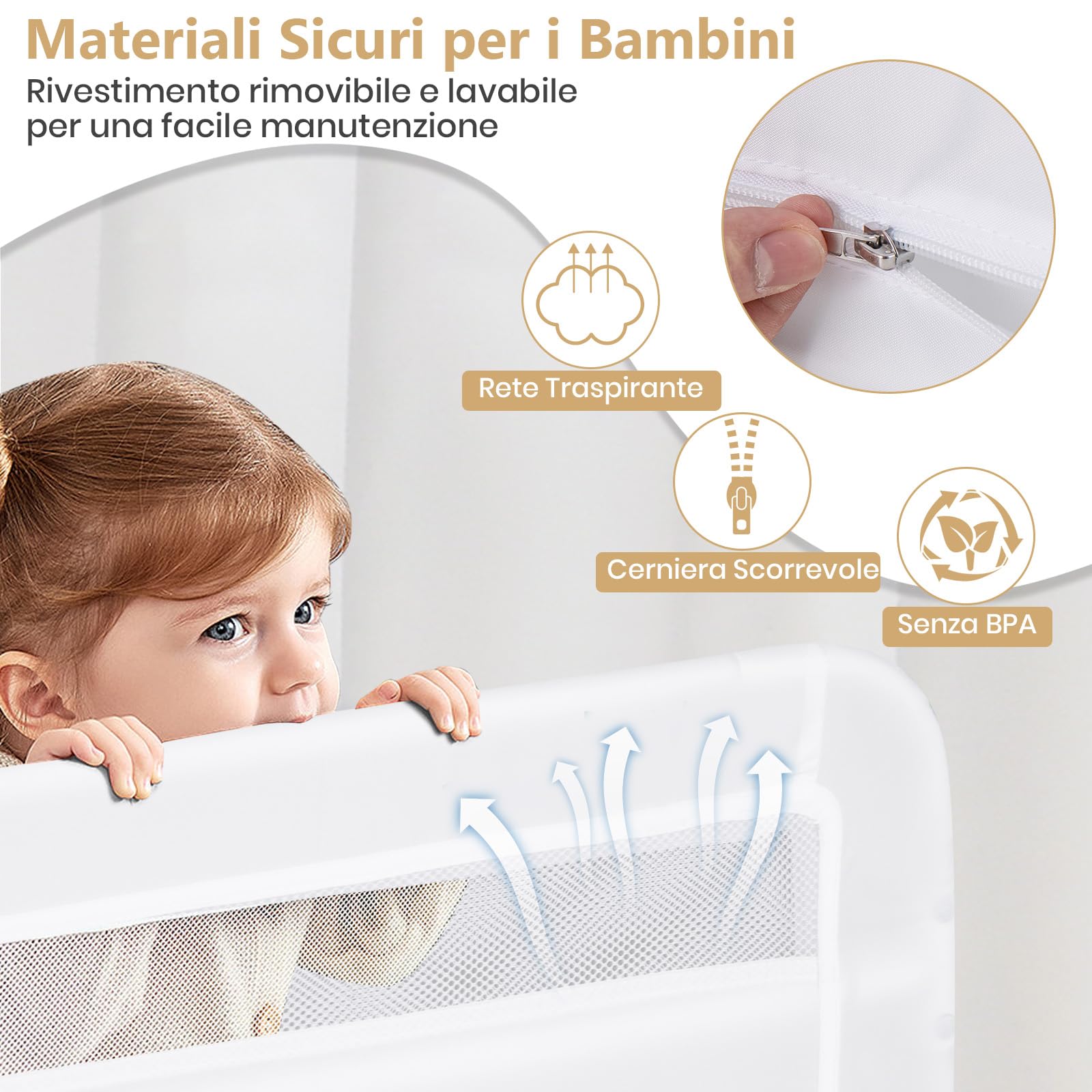 RELAX4LIFE Sponda Letto per Bambini 120cm/100cm, Barriera di Sicurezza, Traspirante e Pieghevole, Sbarra Letto per Letti Singoli e Matrimoniali (100 x 41 x 42 cm,Bianco)