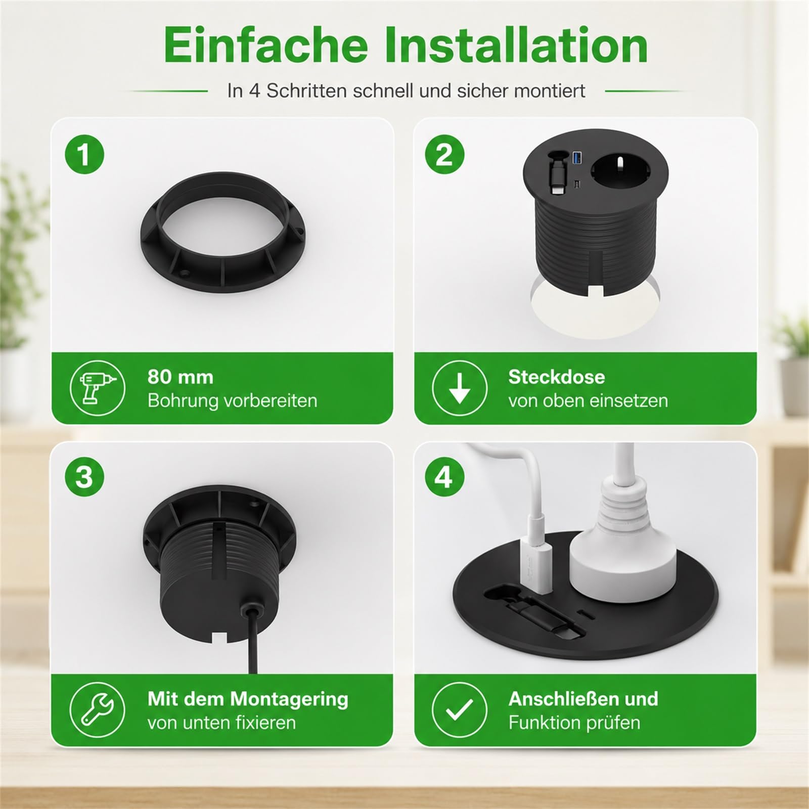 Einbausteckdose mit einziehbarem USB-C-Kabel für Schreibtisch