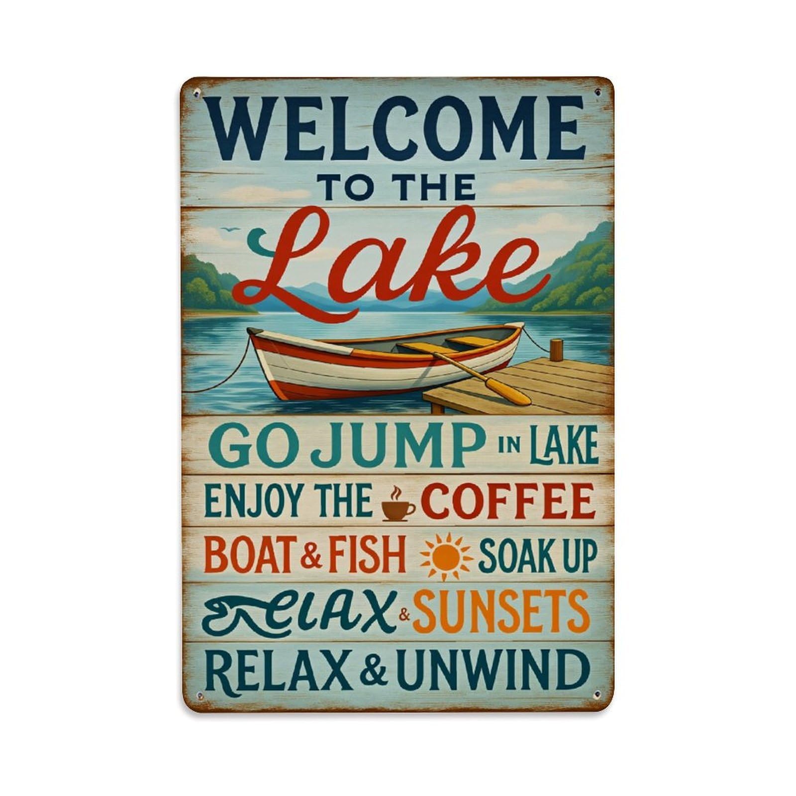 Enderetf Vintage Welcome To The Lake Go Jump In Lake Enjoy The Coffee Tin Sign Metal Poster, Home Bar Garage Man Cave Cafe Indoor & Outdoor Wall Decoration 8X12inches