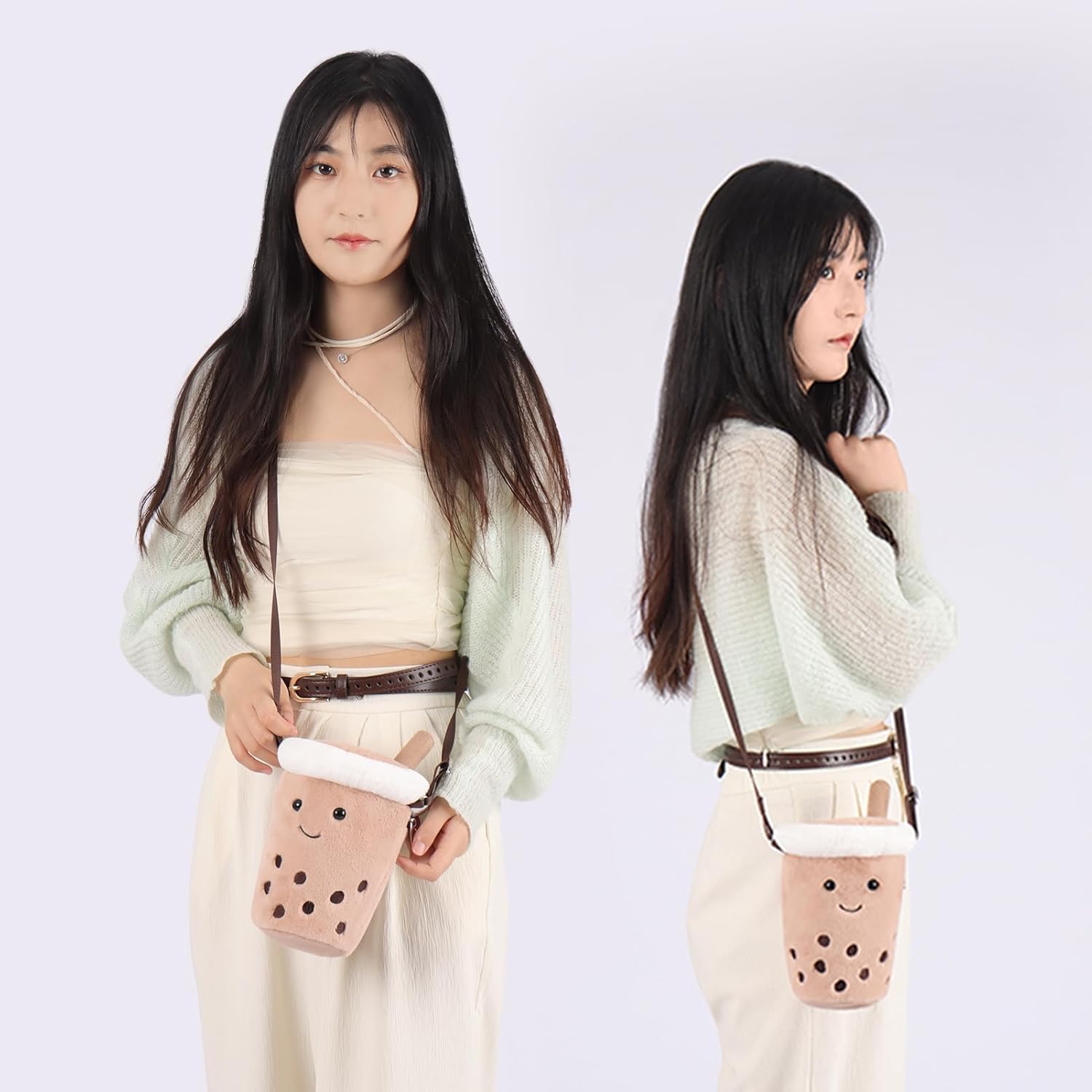 Apricot Lamb Boba Tea Shaped Crossbody Food Plushies Purse for Toddlers and Teen Girls, Stuffed Animal Shoulder Bag, Kids Fashion Handbags