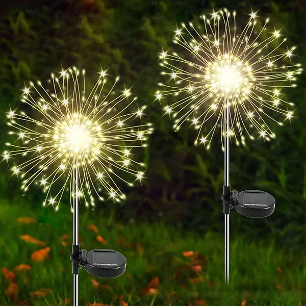 Solar Garden Lights Outdoor, 2 Pack 120 LED Twinkling Firework Lights Decorative with 2 Modes, Outdoor Waterproof Solar Starburst Light for Outside Yard Pathway Garden Decor, Warm White