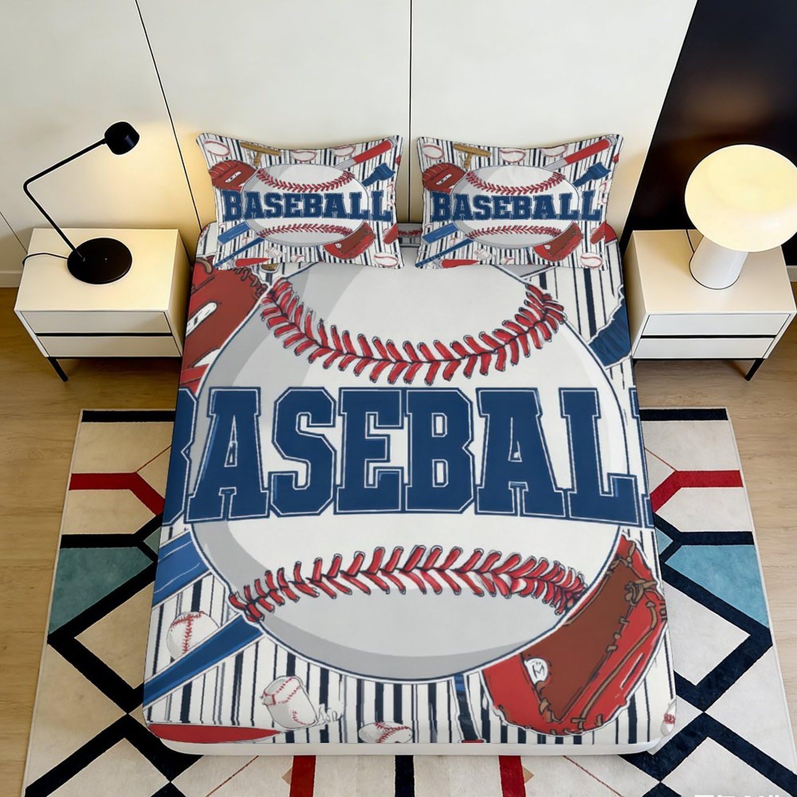 3D Printed Baseball Fitted Sheet, Microfiber Soft Touch, Wrinkle Resistant, Apartment Bedding, Bed Cover for Bedroom Decor, Guest Room, Easy Care, Stylish Sports Theme 90x200x25cm