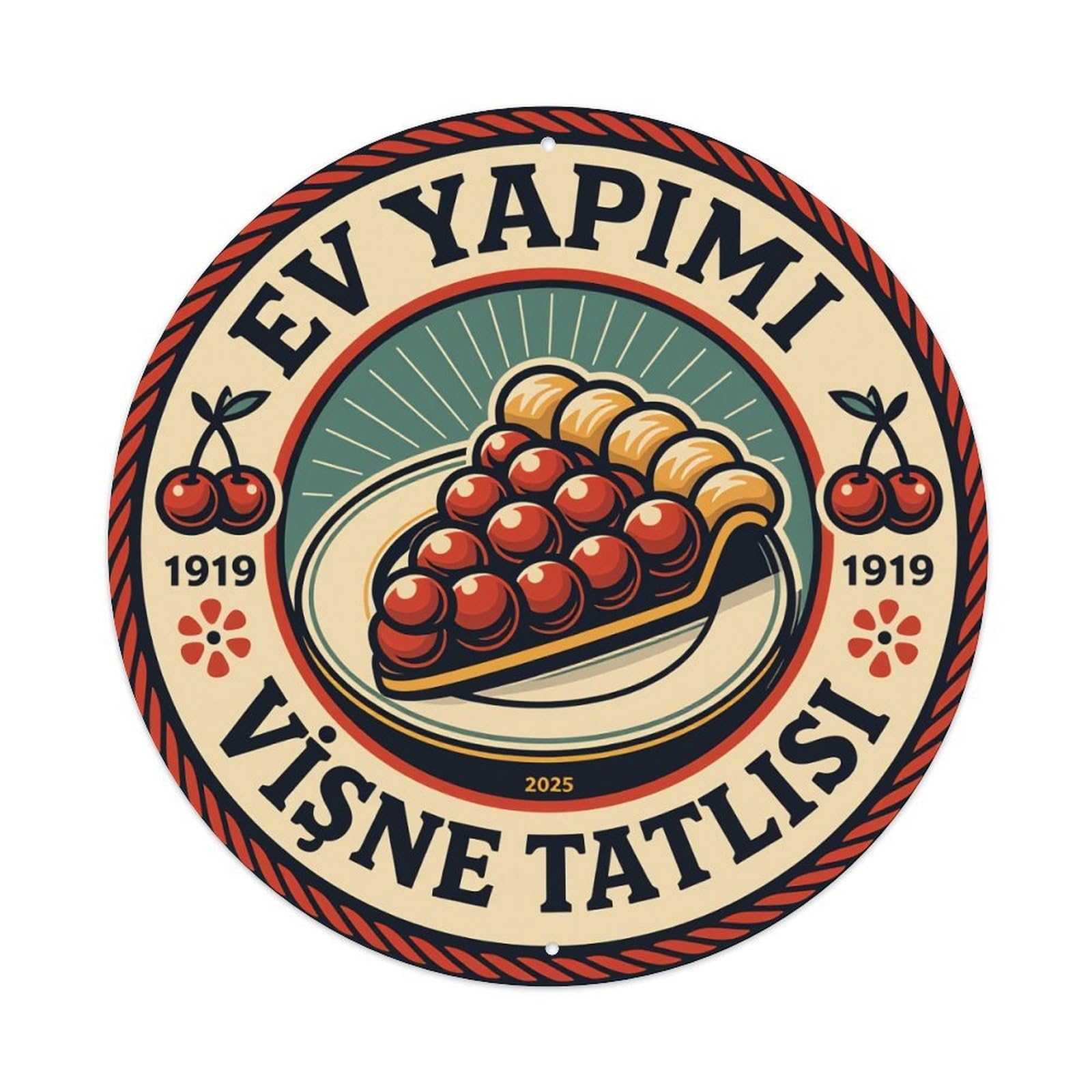 Cherry Pie Design Pattern Round Tin Sign Vintage Metal Poster, Home Bar Garage Man Cave Cafe Indoor & Outdoor Wall Decoration 8x8Inches
