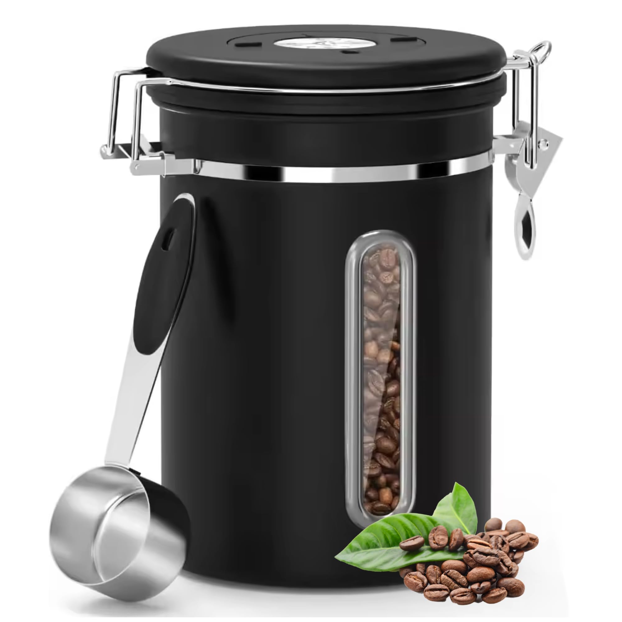 Airtight Black Coffee Canister - Stainless Steel Storage Container with Date Tracker & Scoop for Beans, Grounds, Tea, and Dry Goods - CO2 Valve, Black Finish, coffee container, coffee storage