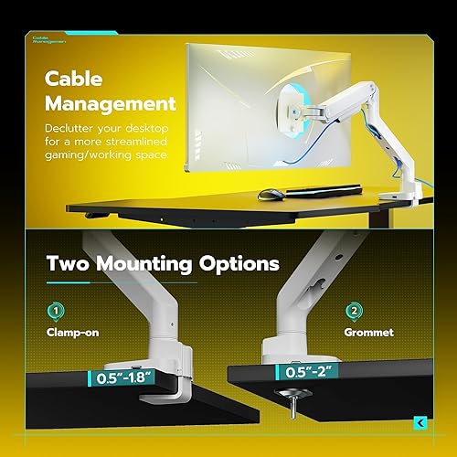 Miniatura 7 de ARES WING Brazo de monitor ultra ancho blanco con USB AC, brazo de monitor resistente para pantalla de 17 a 49 pulgadas, soporta 44 libras, soporte