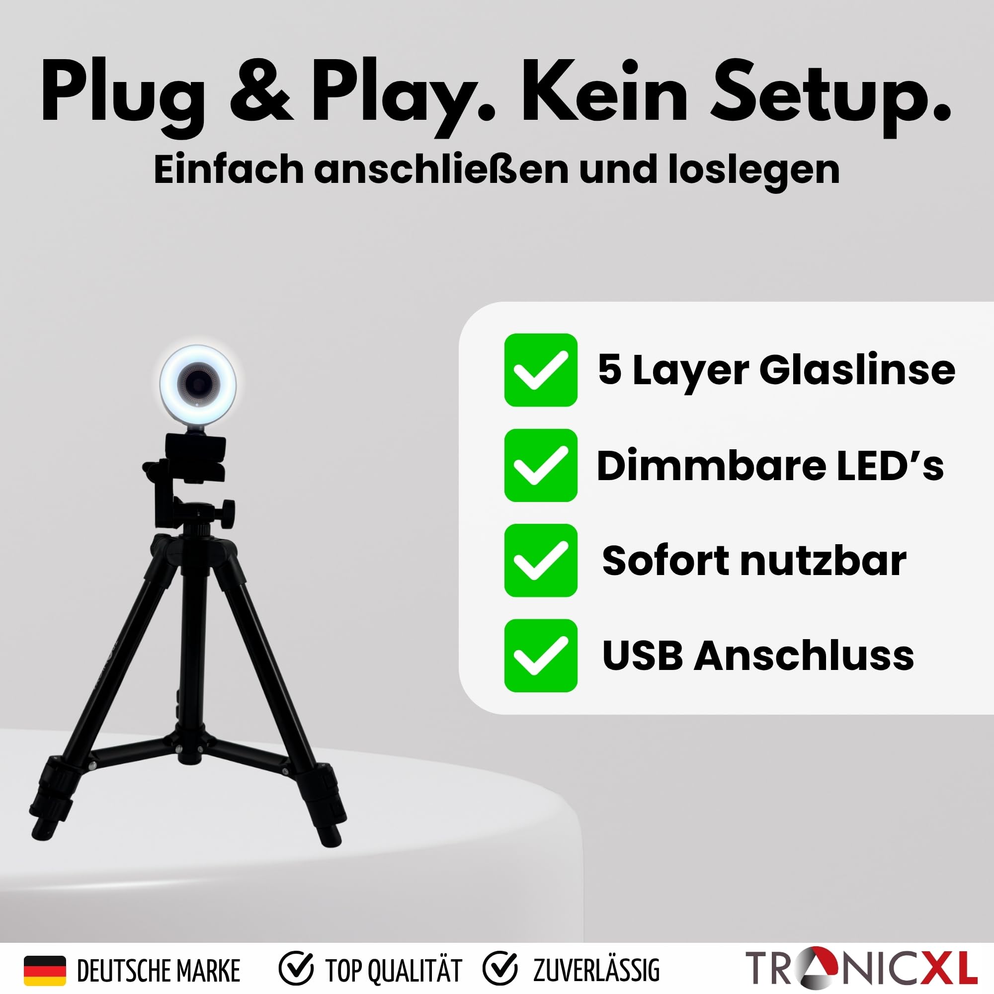 TronicXL Webcam con enfoque automático con lámpara de anillo + trípode de 60 cm Full HD 1920 x 1080p I 2 micrófonos estéreo cancelación de ruido fondo I para ordenador PC portátil para Xbox