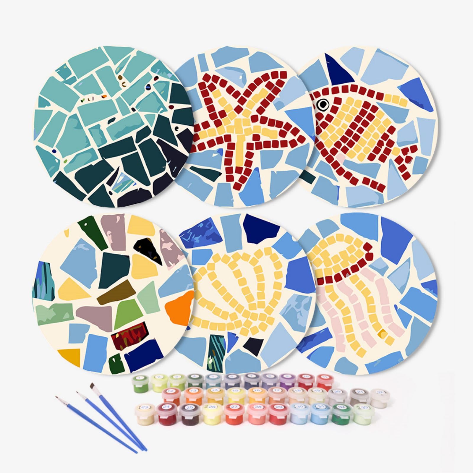 6 Pcs Paint by Numbers Coasters Kits with Holder, DIY Paint by Numbers Coasters for Adults Beginners, Coasters with Brushes Acrylic Paint, Paint by Numbers Kits Craft -28-Geometric Patterns