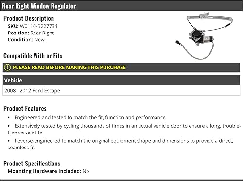 Conjunto del Elevalunas del lado del pasajero trasero derecho - Compatible con Ford Escape 2008-2012