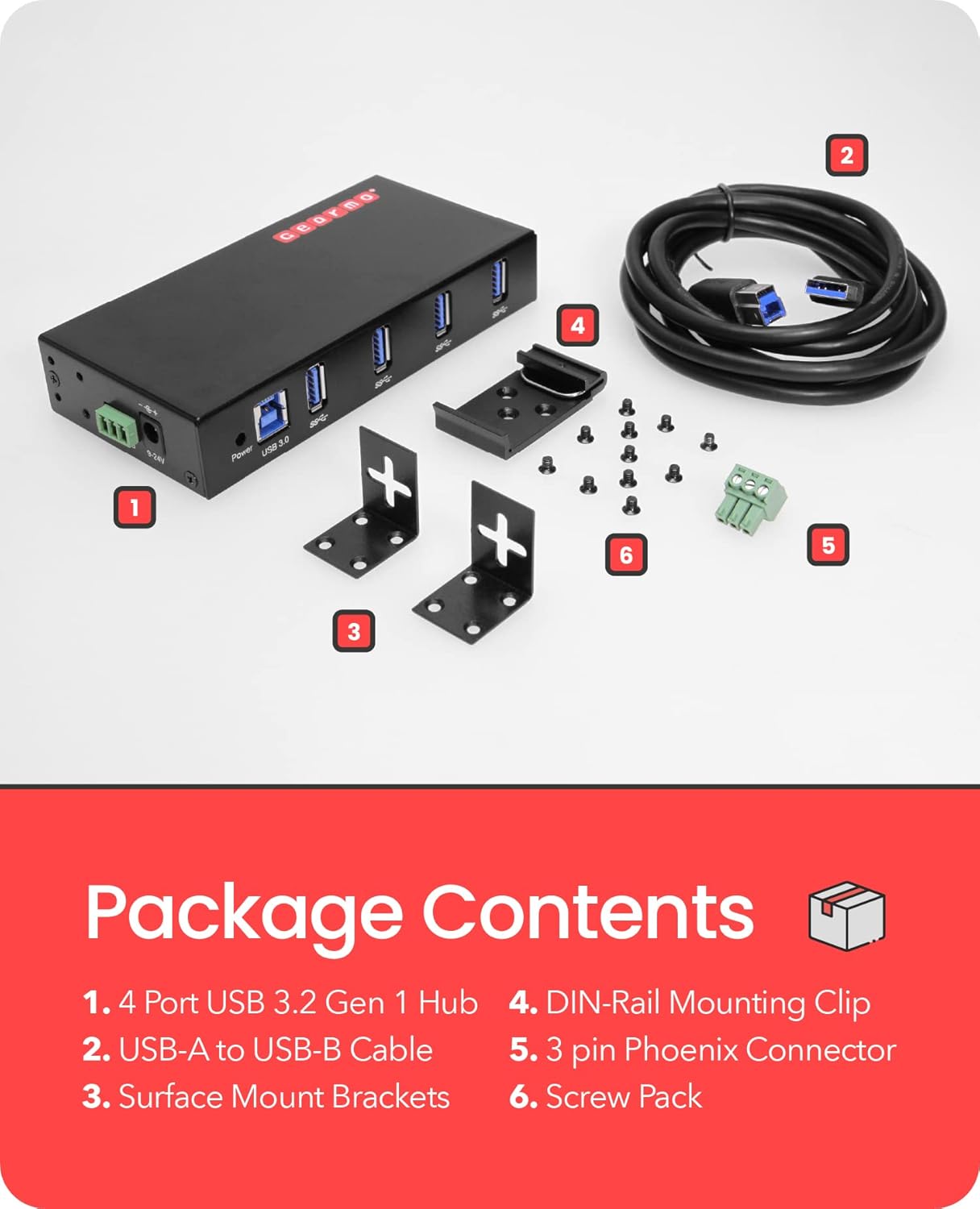 Gearmo USB 3.0 4-Port Hub, Industrial DIN Rail & Surface Mount, 5Gbps Speeds, Surge Protection
