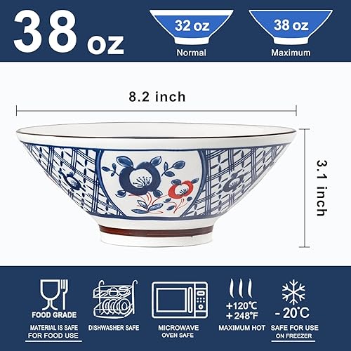Miniatura 2 de Houlu Tazones de ramen japonés de 38 onzas, juego de 4 cuencos de sopa de cerámica azul y blanca de 8 pulgadas, cuencos para cereales, cuencos de