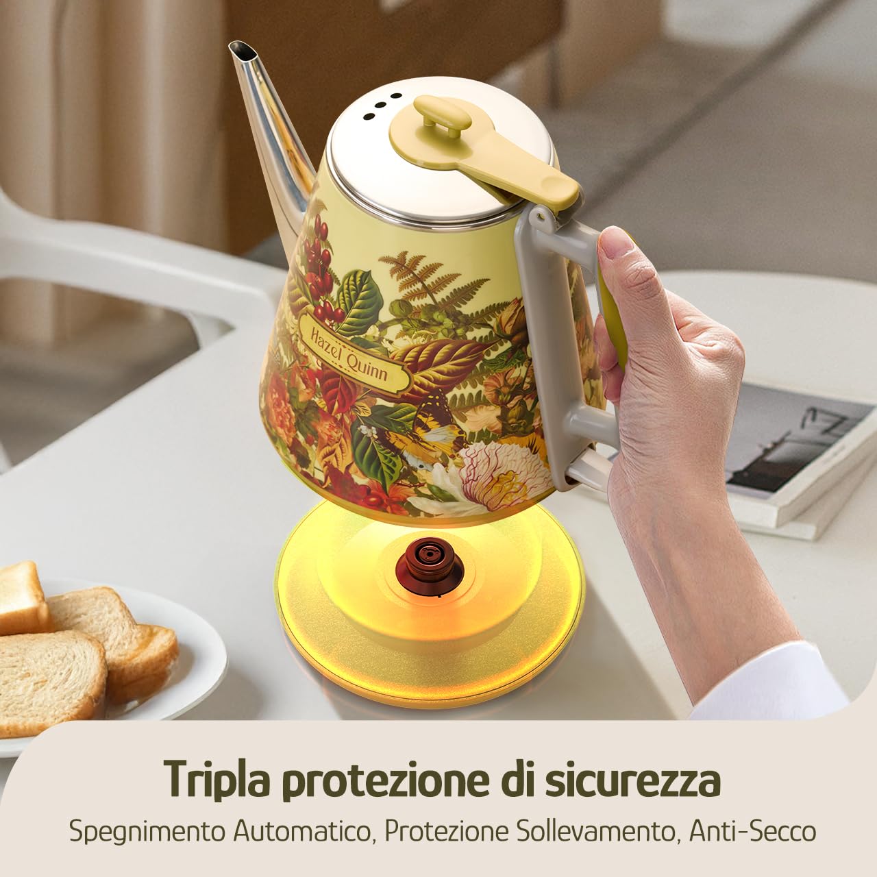 Hazel Quinn × Eduardo Recife Mini Bollitore Elettrico 1 L, Inox, Floreale | Bollitura Rapida 1360 W, Inox, Senza BPA, Doppia Parete Fredda al Tatto, Senza Fili, Autospegnimento, Beccuccio a Collo d'Oca