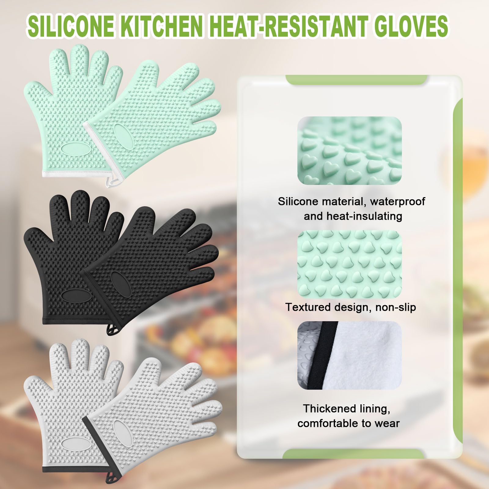 Silikon Ofenhandschuhe mit Fingern, Ofenhandschuhe Hitzebeständig für Küche, wasserdichte & rutschfeste Ofenhandschuhe zum Backen, Kochen, Grillen und BBQ (Schwarz)