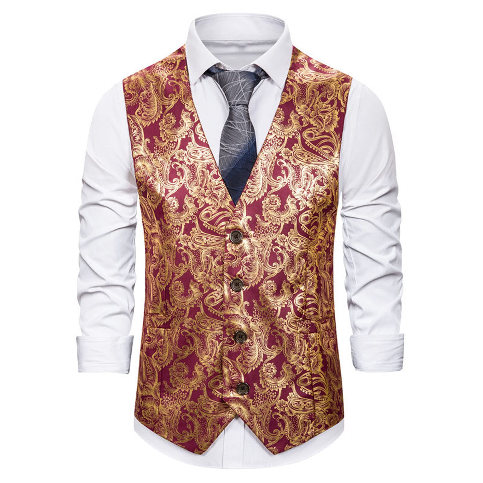 Mens Hipster Metallic Paisley Printed Single Breasted v-Neck Formal Suit Vest/Tuxedo Waistcoat For Wedding Tuxedo