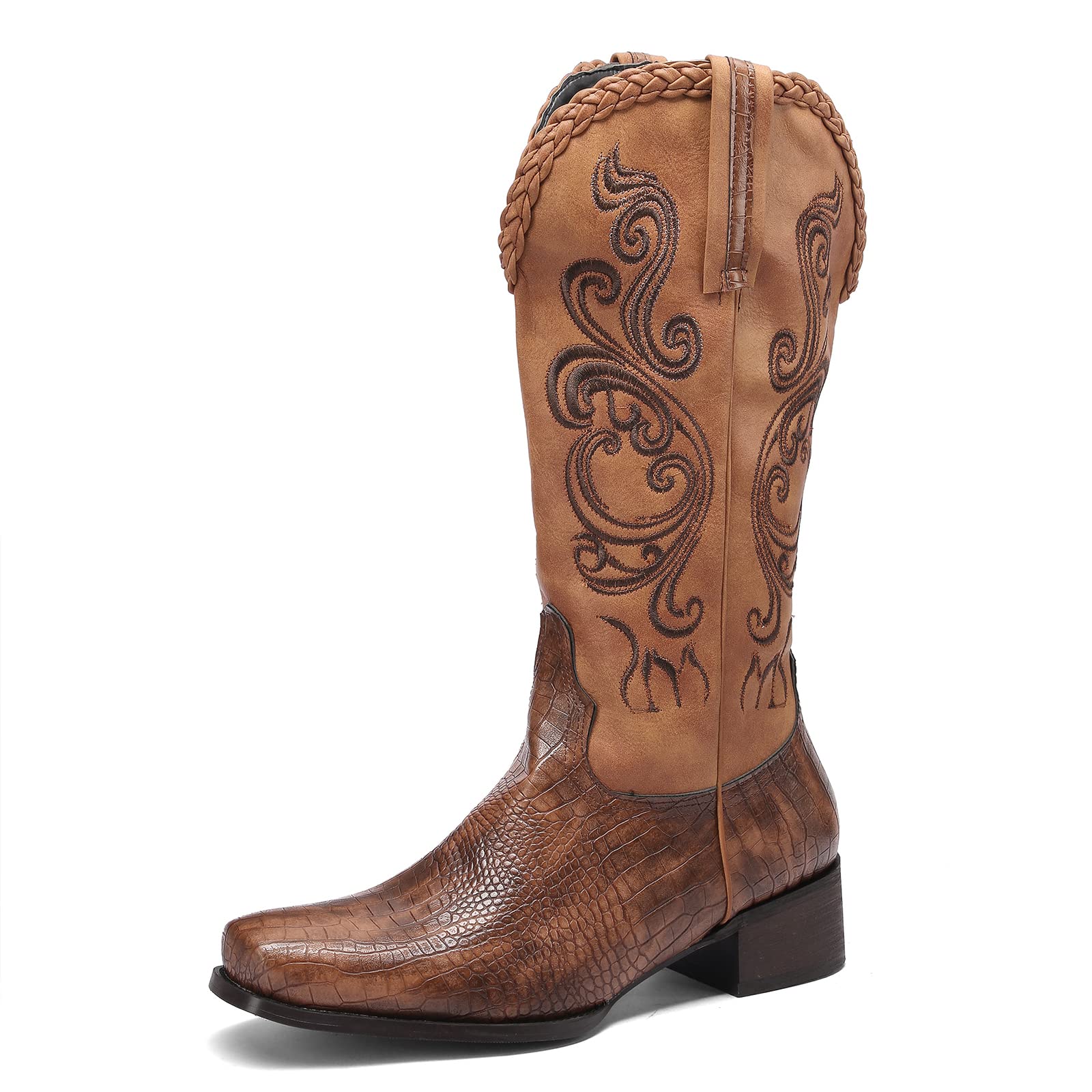 Lizoleor Botas Hasta la Rodilla de Mujer Punta Cuadrado Vaqueras Occidentales Clasico Bordado