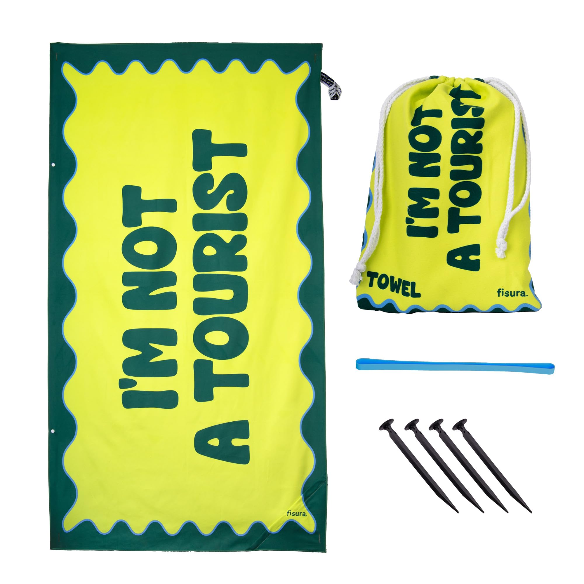 Fisura - Large Microfibre Beach Towel Green “I’m Not a Tourist” – Quick Dry, Sand Free & Lightweight – Travel, Pool, Camping & Picnic Towel – 180 x 100 cm Gift