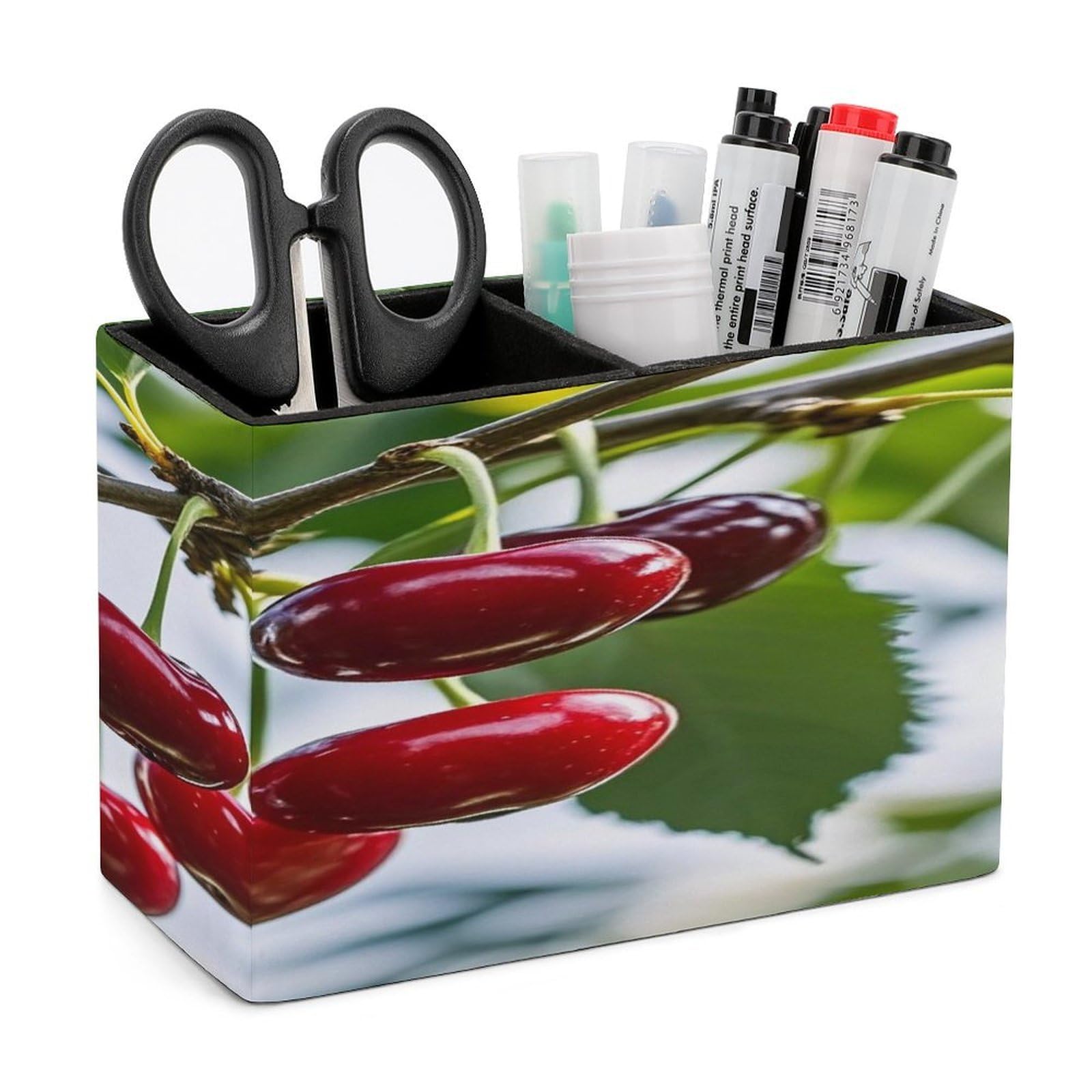 FekiLoot Red Cherry Pattern Pen Holders for Desk Small Remote Control Holder Leather Pencil Cup with Double Compartments Desktop Organizer for Table Desk Office Space Saving