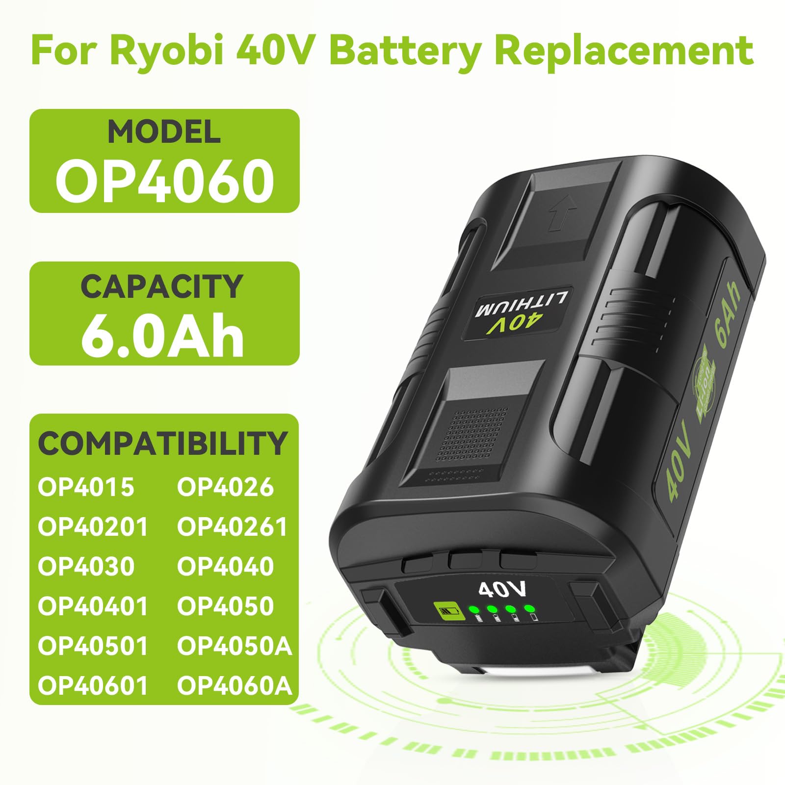 Compatible con batería Ryobi de 40 V, 6.0 Ah, 2 unidades, OP4060, OP401, combo de cargador de alta capacidad, fuerte potencia para Ryobi 40 V batería y cargador, cortacésped, sopladores de hojas para