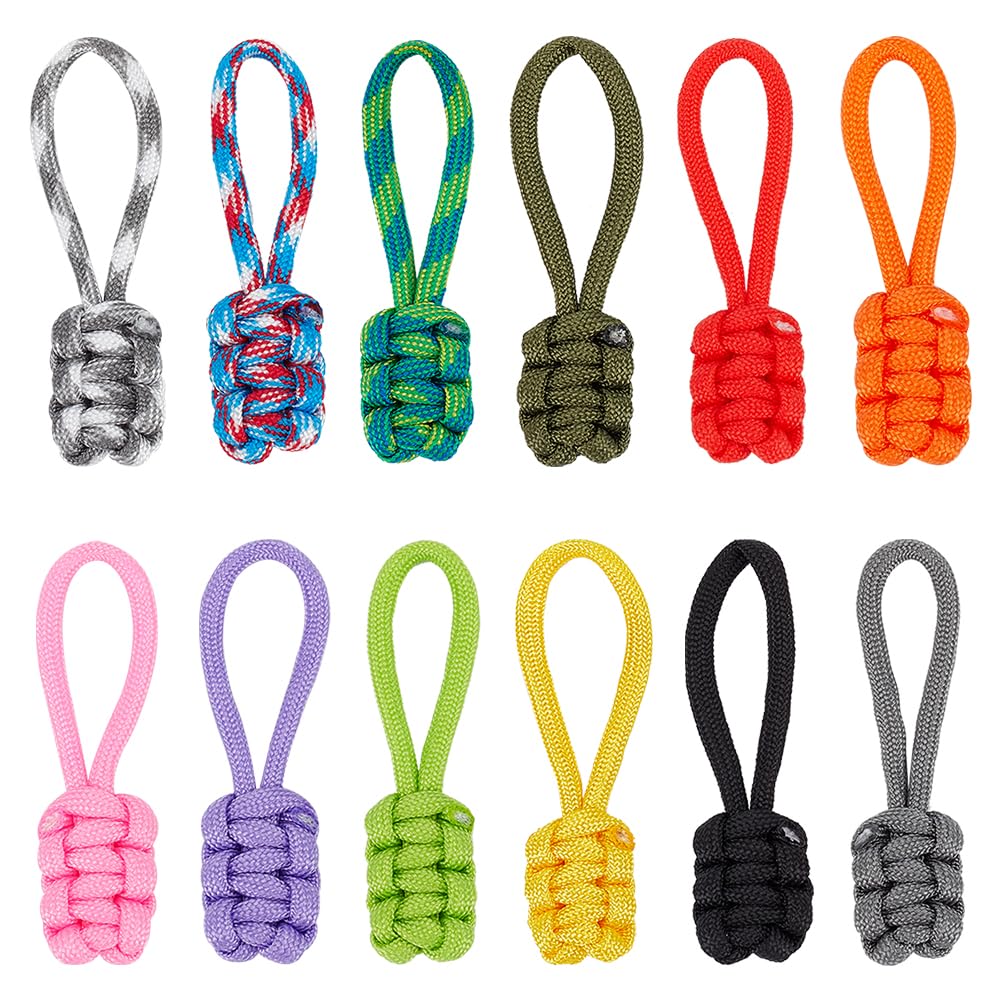 WADORN 12 Pieces Zipper Pull Replacement, Colorful Hand Woven Zip Puller Tip Braided Cord Zipper Pull Extender Polyester Zipper Slider Pull Tab DIY Zipper Handle Fixer for Backpack Luggage Jacket Boot