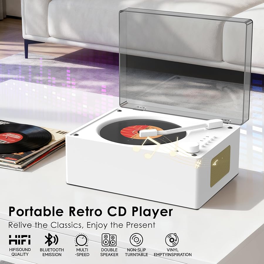 Portable CD Player with Bluetooth 5.3, Hi-Fi Speakers,3.5mm AUX, USB Playback Retro CD Player for Home(White) - image 2