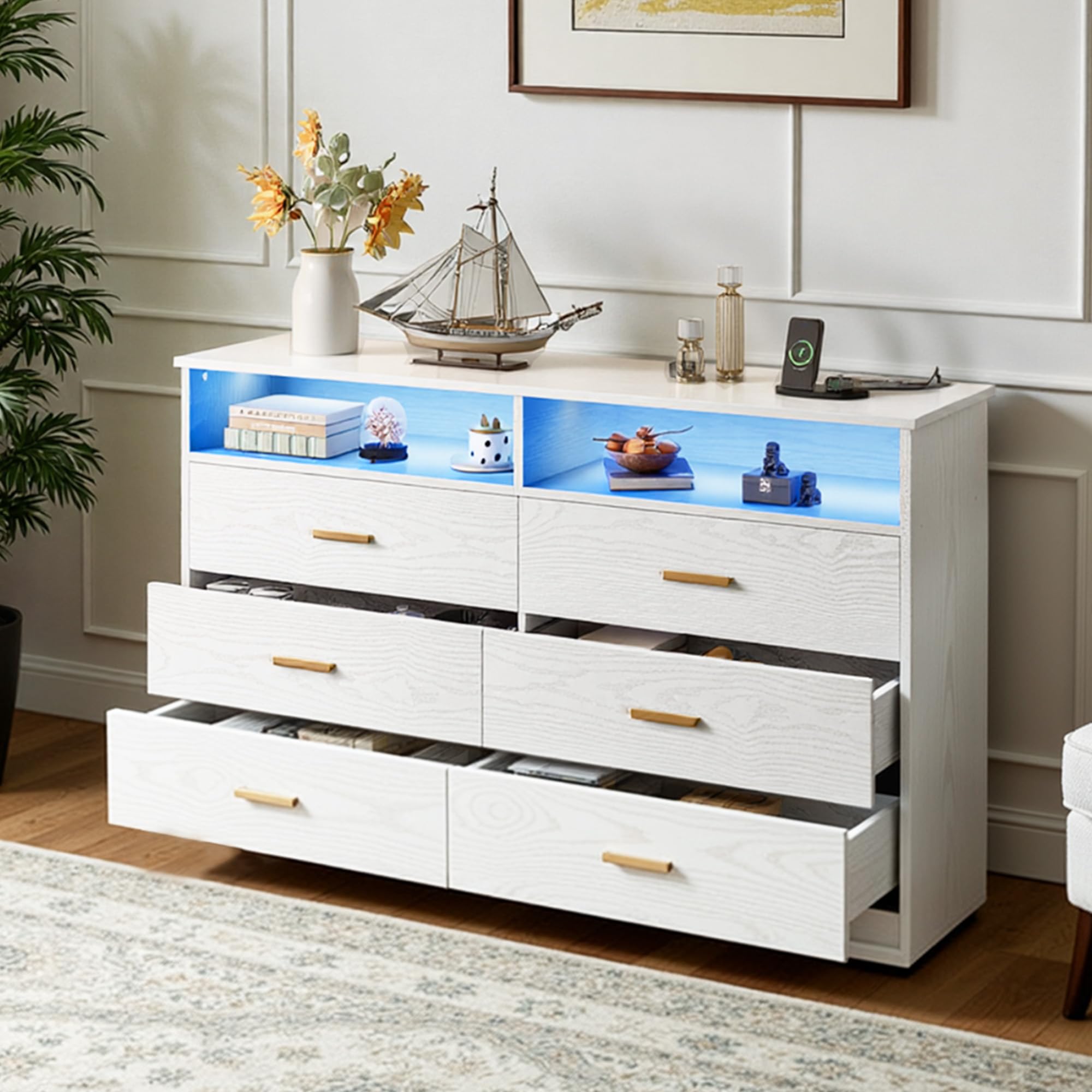 IRONCK Kommode Weiß, Komodenschrank mit LED-Lichtleiste und 2 Steckdosen, Schubladenschrank mit 6 Schubladen und 2 Fächer für Wohnzimmer, Schlafzimmer, Holz, 40 x 150 x 94.7 cm