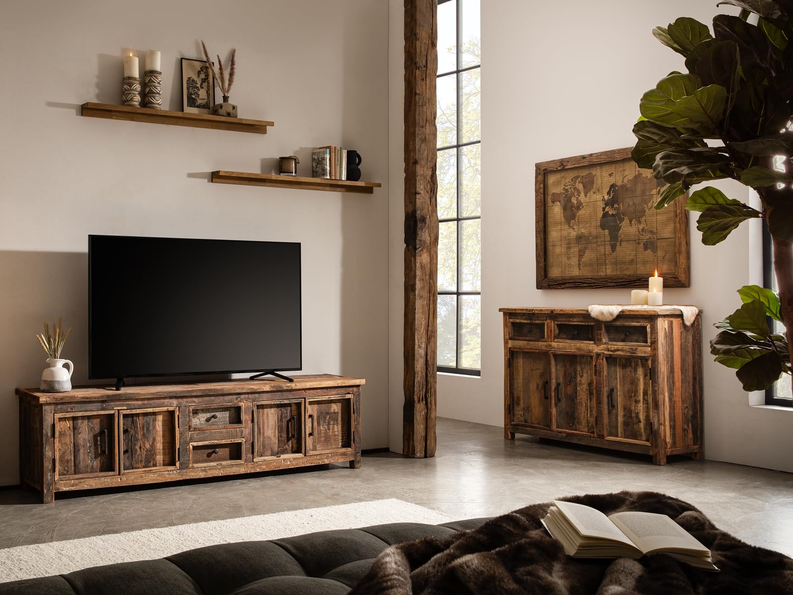 Woodkings TV-Bank Sumatra | Altholz Lowboard 185x50x40 cm | Fernsehbank für Wohnzimmer | Bank rustikal mit 4 Türen & 2 Schubladen