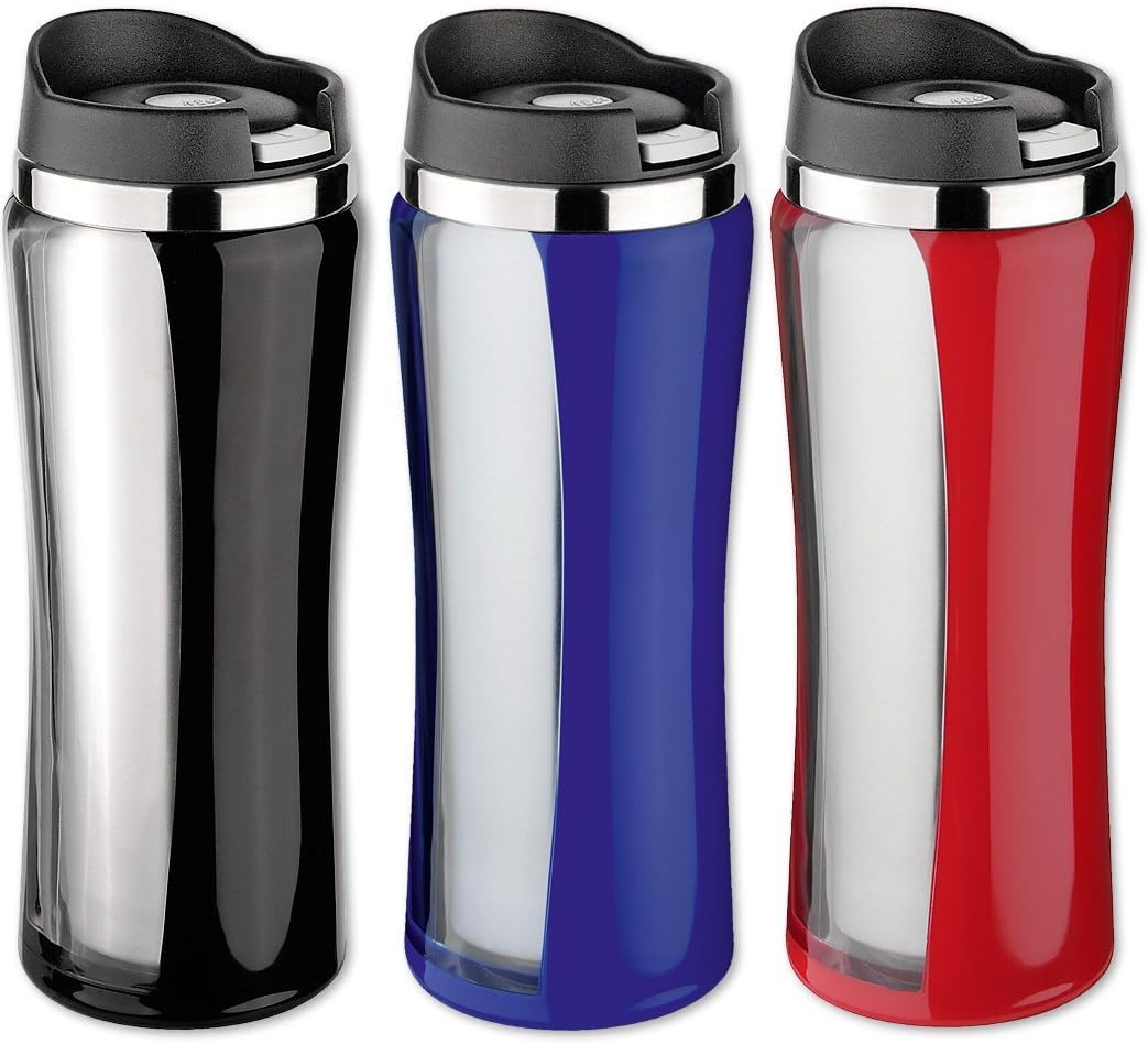 Isosteel Set-4T14 Colorline Drinking Mug with Quickstop Drinking lid Each in Black, Stainless Steel/Plastic, Ted/Blue, 0.4 Litre
