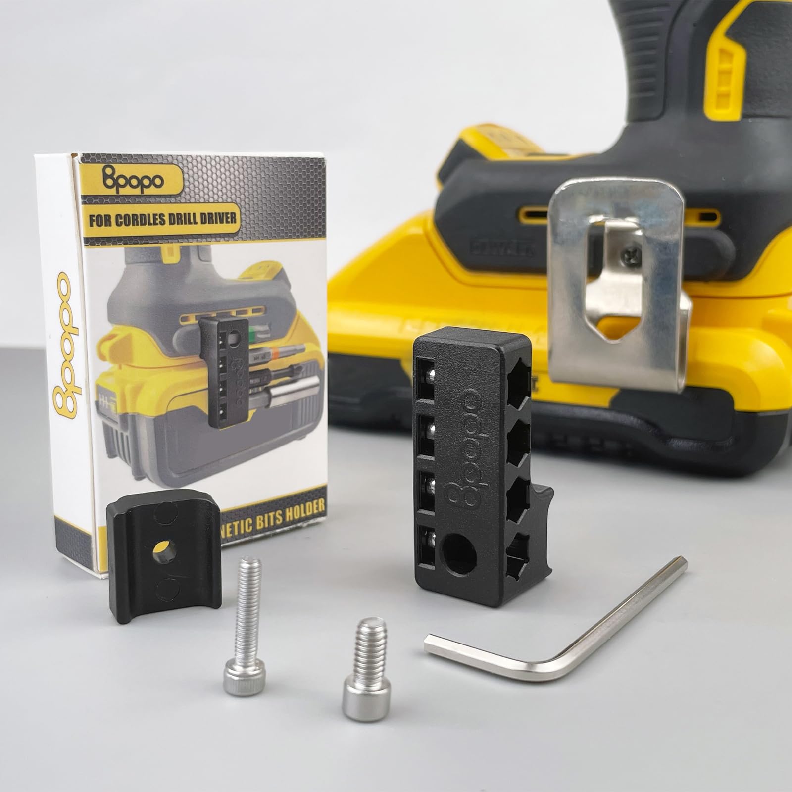 Uchwyt magnetyczny 1/4" kompatybilny z wiertarkami Dewalt, montaż śrubowy po lewej stronie, mocny organizer na 4 końcówki