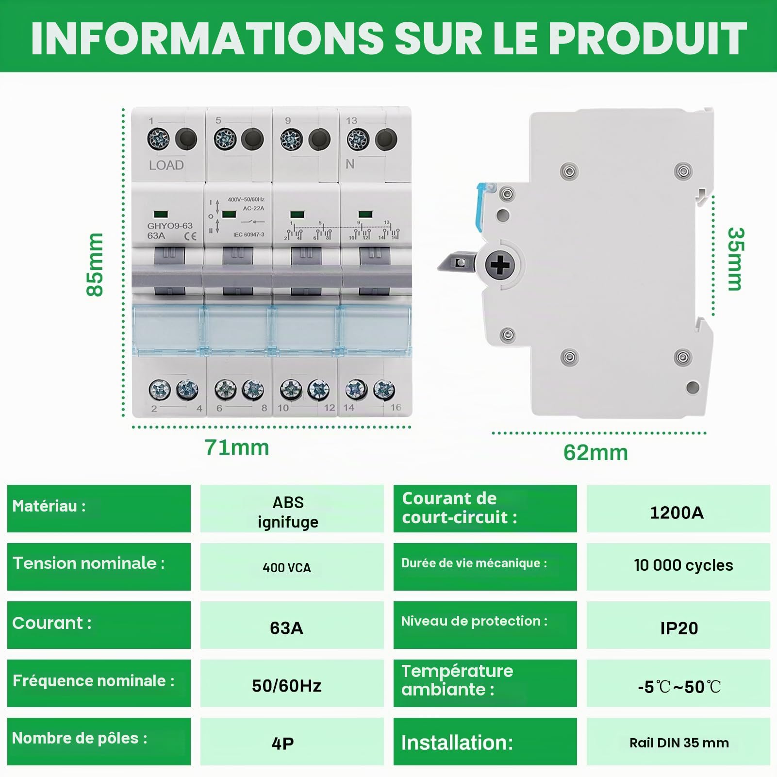 Commutateur de Transfert 4P 63A Inverseur de Source Manuel 400V AC Sectionneur Manuel Dual Power Rail DIN Commutateur Manuel