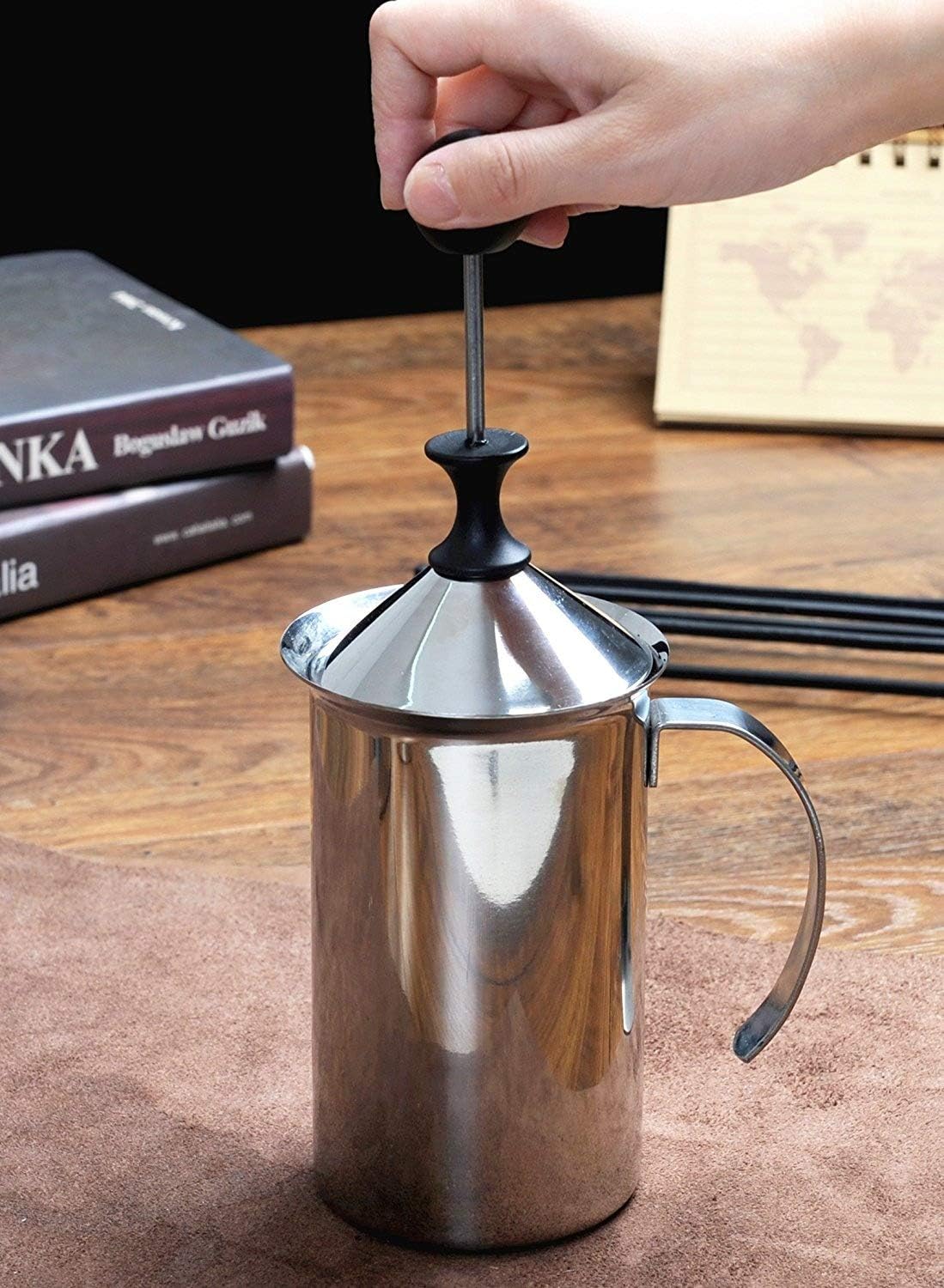 Kingnice600 ML Stainless Steel Manual Milk Frother for Latte or Cappuccino
