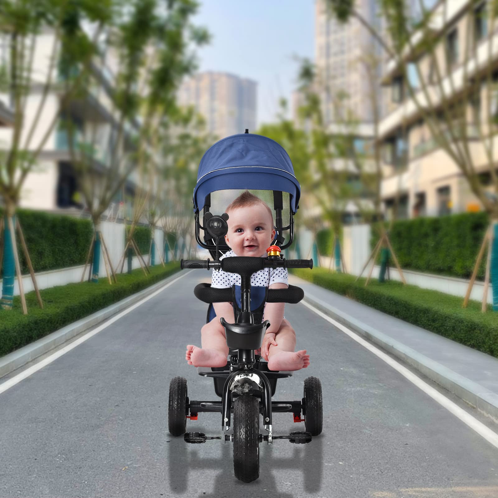 Tricycle Enfant de 9 Mois jusqu'à 25 kg, Porte-gobelet,avec Tige de Poussée Réglable en Hauteur, Siège Rotatif d'avant en Arrière, Auvent Rabattable,4 en 1 (Bleu foncé)