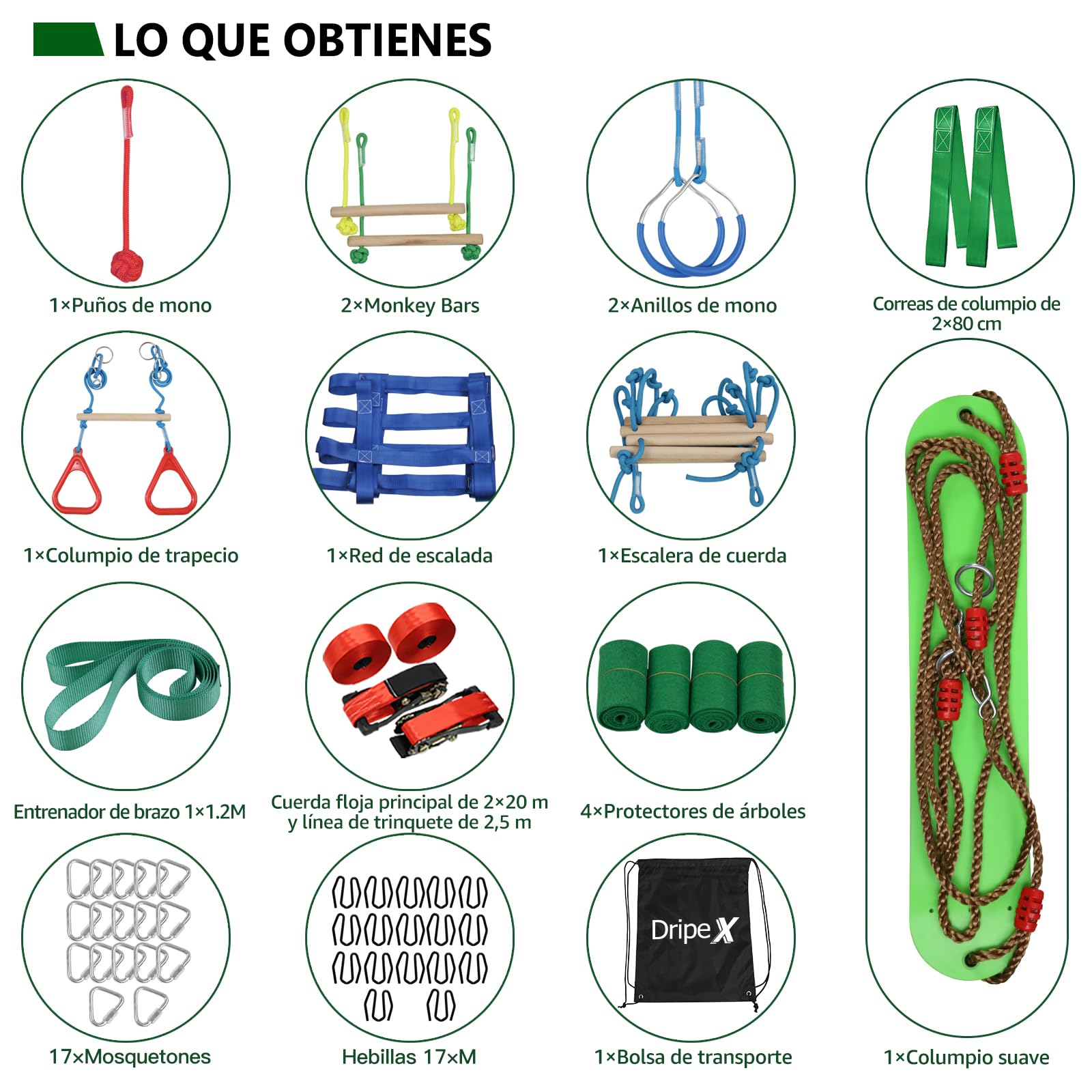 Dripex Ninja Slackline Kit de 2 x 20 m/65 Pies, Ninja Warrior para Niños Carrera de obstáculos, Entrenamiento de Slackline con Accesorios Completos para niños