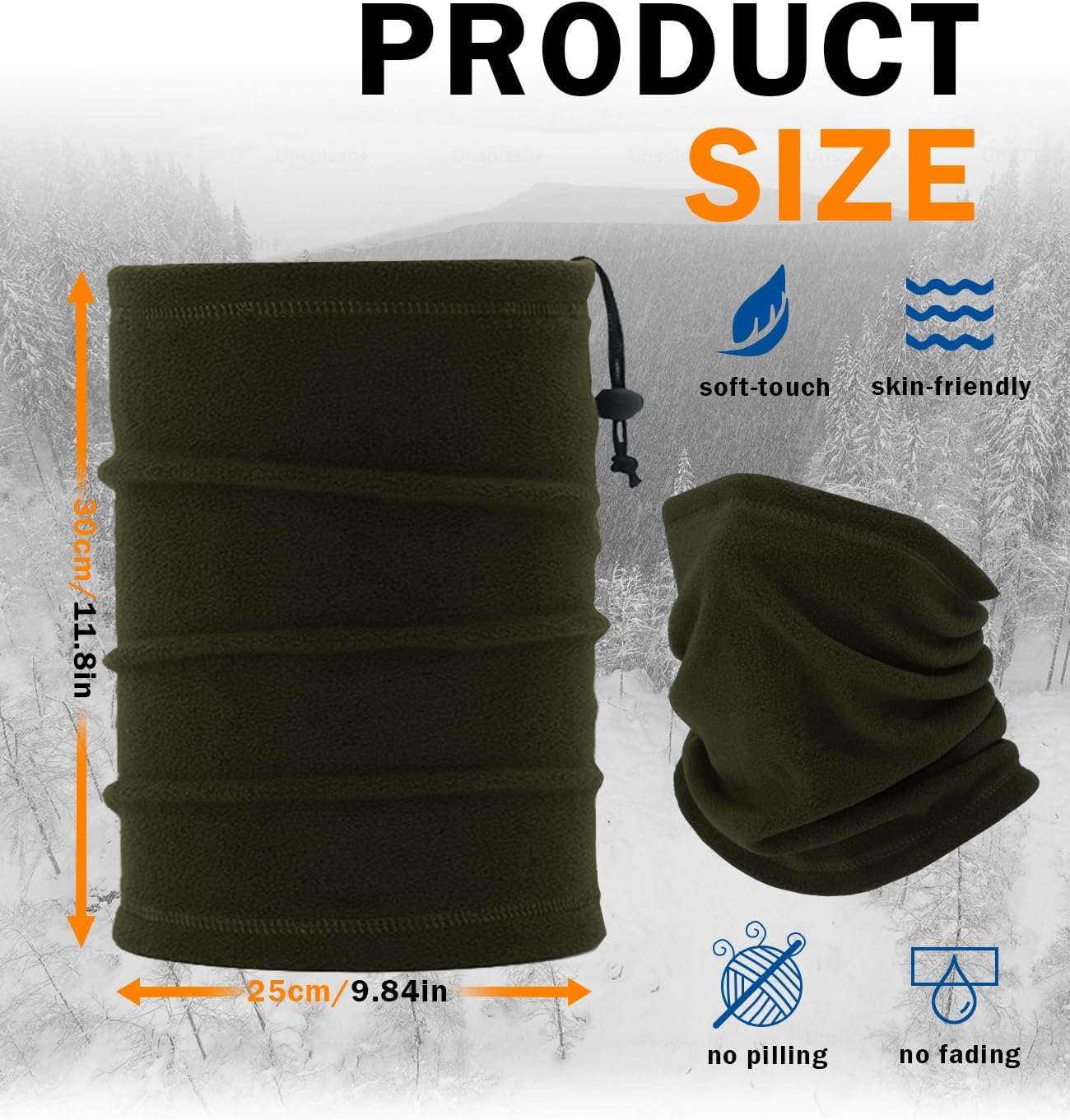 Condition photo showing New/Like New for winter neck warmer, polar fleece neck gaiter warm face cover, cold weather ski face mask windproof for men and women olive green