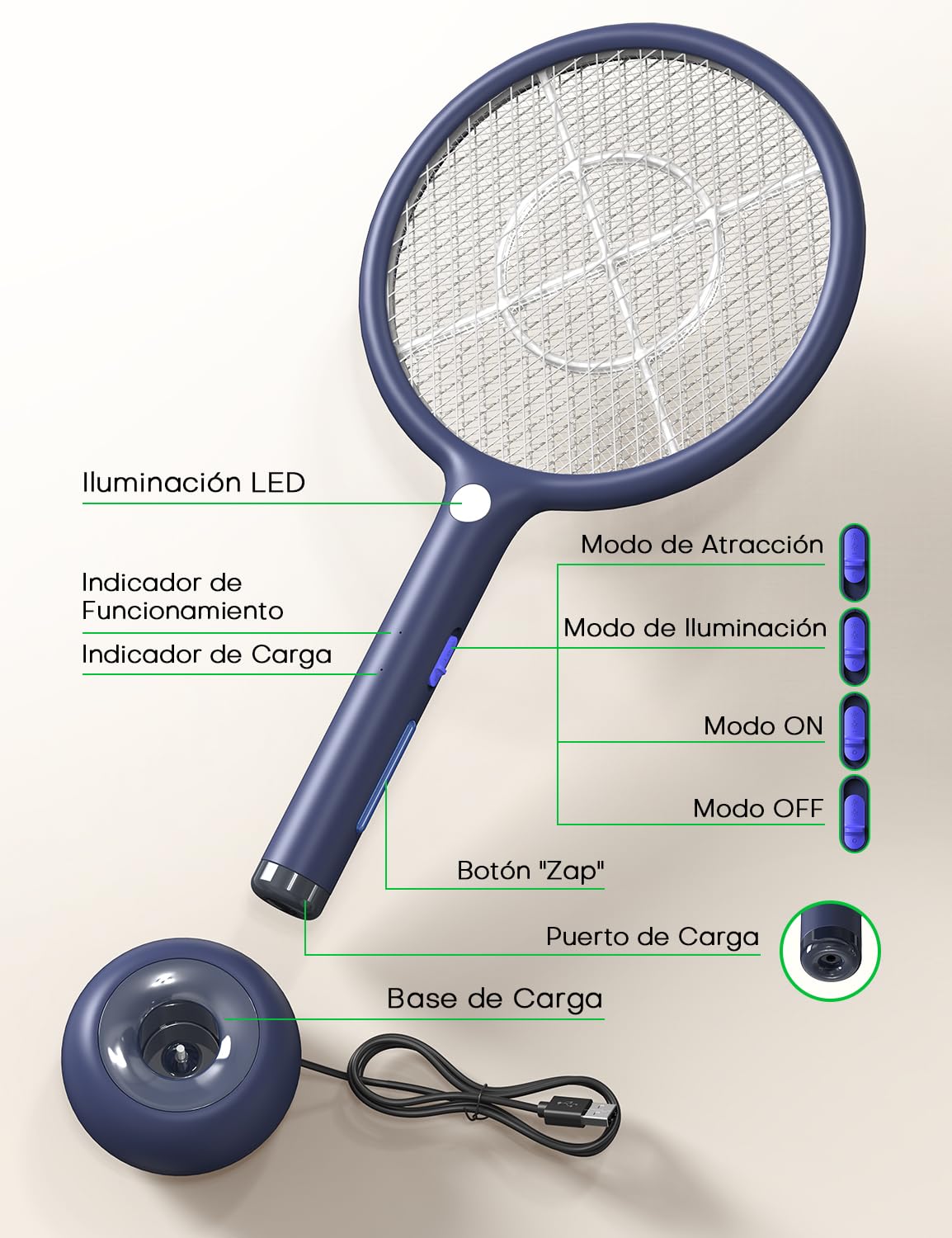 AROEVE Raqueta Mosquitos Electrica, 2-en-1 Raqueta Matamoscas Electrica, 4000V, Base de Carga USB, Batería Recargable de1200mAh, Modo de Atracción Auto, luz LED, Protección de 3 Capas,Azul