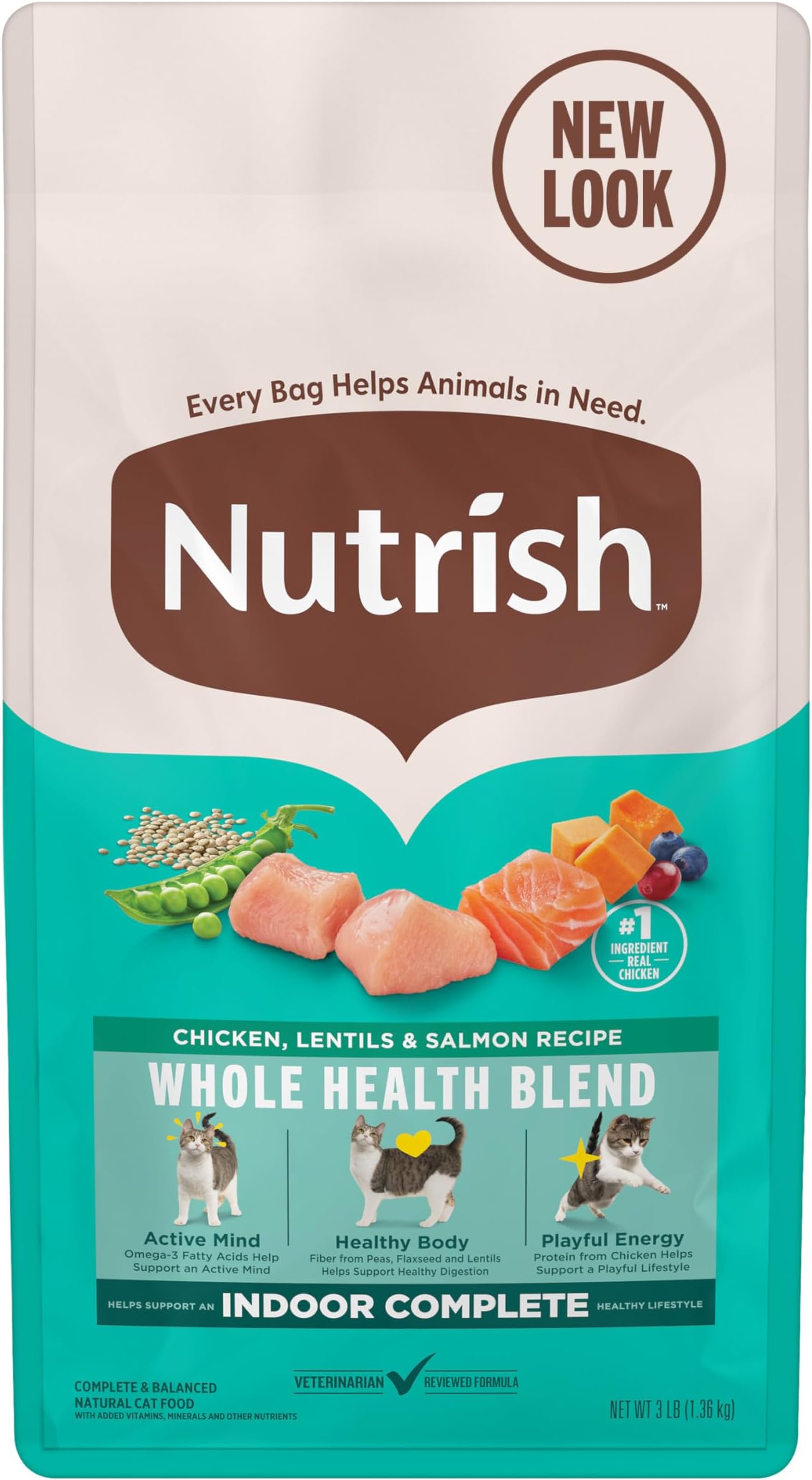 Nutrish Indoor Complete Dry Cat Food, Chicken, Lentils & Salmon Recipe (Rachael Ray), 3 lb. Bag