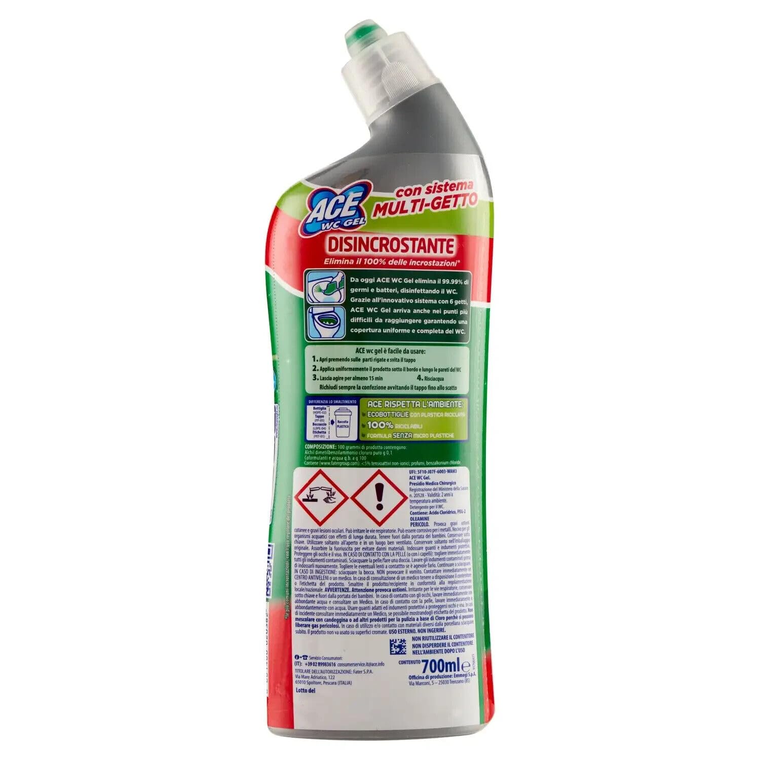 12x ACE Wc Gel Disincrostante,detergente per WC con sistema multigetto,700ml +1x Gingerino Recoaro Aperitivo Italiano 10cl IN OMAGGIO