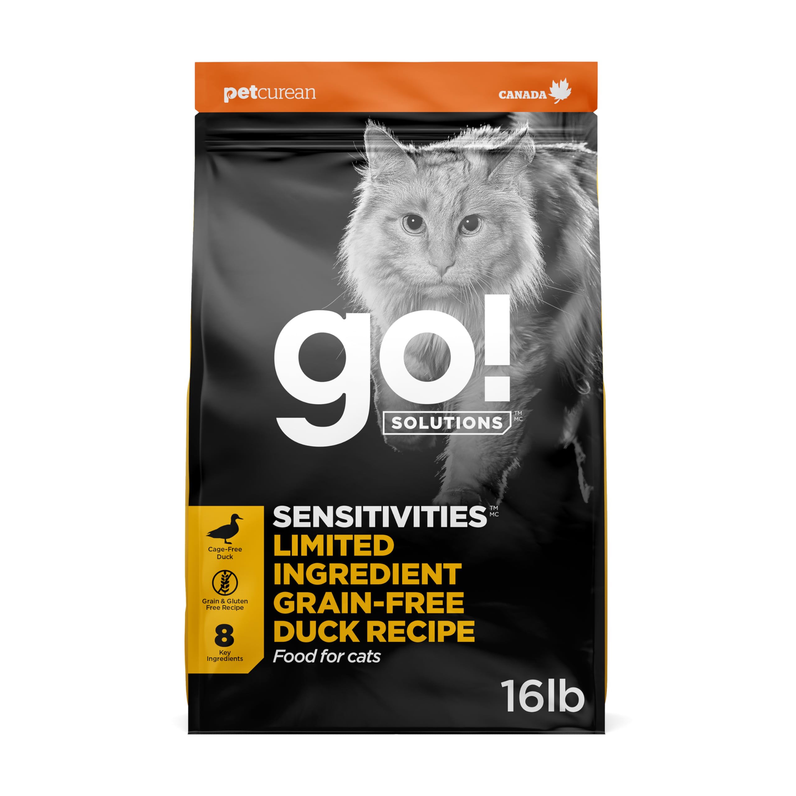Go! Solutions Sensitivities - Ricetta senza cereali con pochi ingredienti, anatra per gatti, sacchetto da 7,3 kg