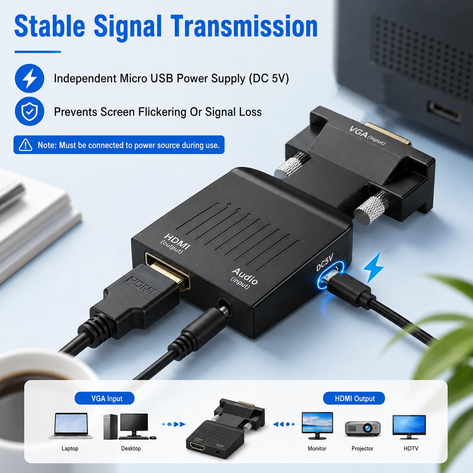 VGA auf HDMI Adapter 1080P, VGA zu HDMI Konverter Buchse Konverter mit 3,5mm Audio und USB Stromversorgung, Analog Digital Wandler für PC Laptop Notebook zu Monitor TV Beamer Projektor HDMI Bildschirm
