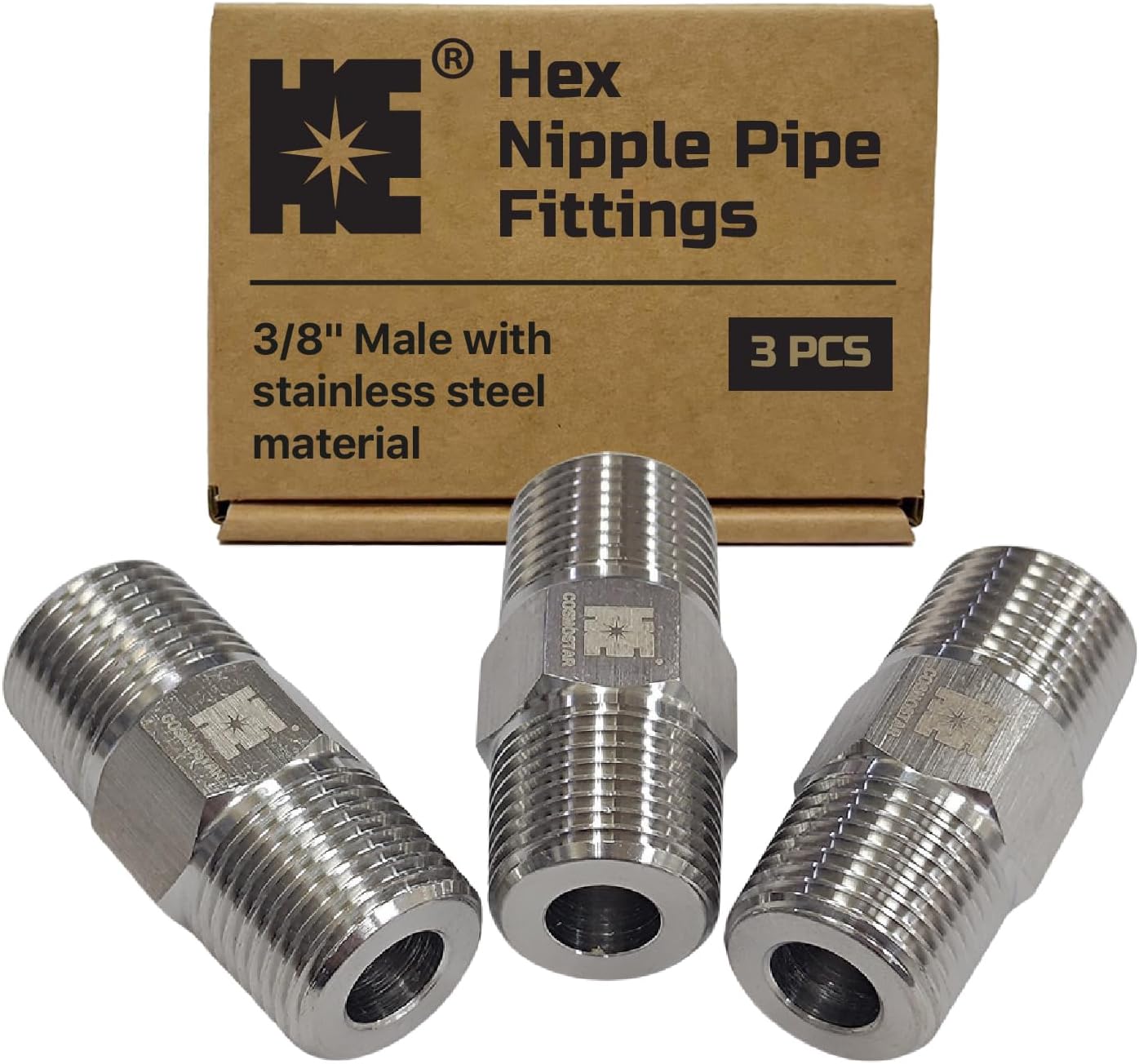 Cosmostar 3 PCS 3/8" Male Hex Nipple Pipe Fittings, 304 Stainless Steel NPT Threaded Connector, Rust Resistant Adapter for Air Compressor & Irrigation Systems
