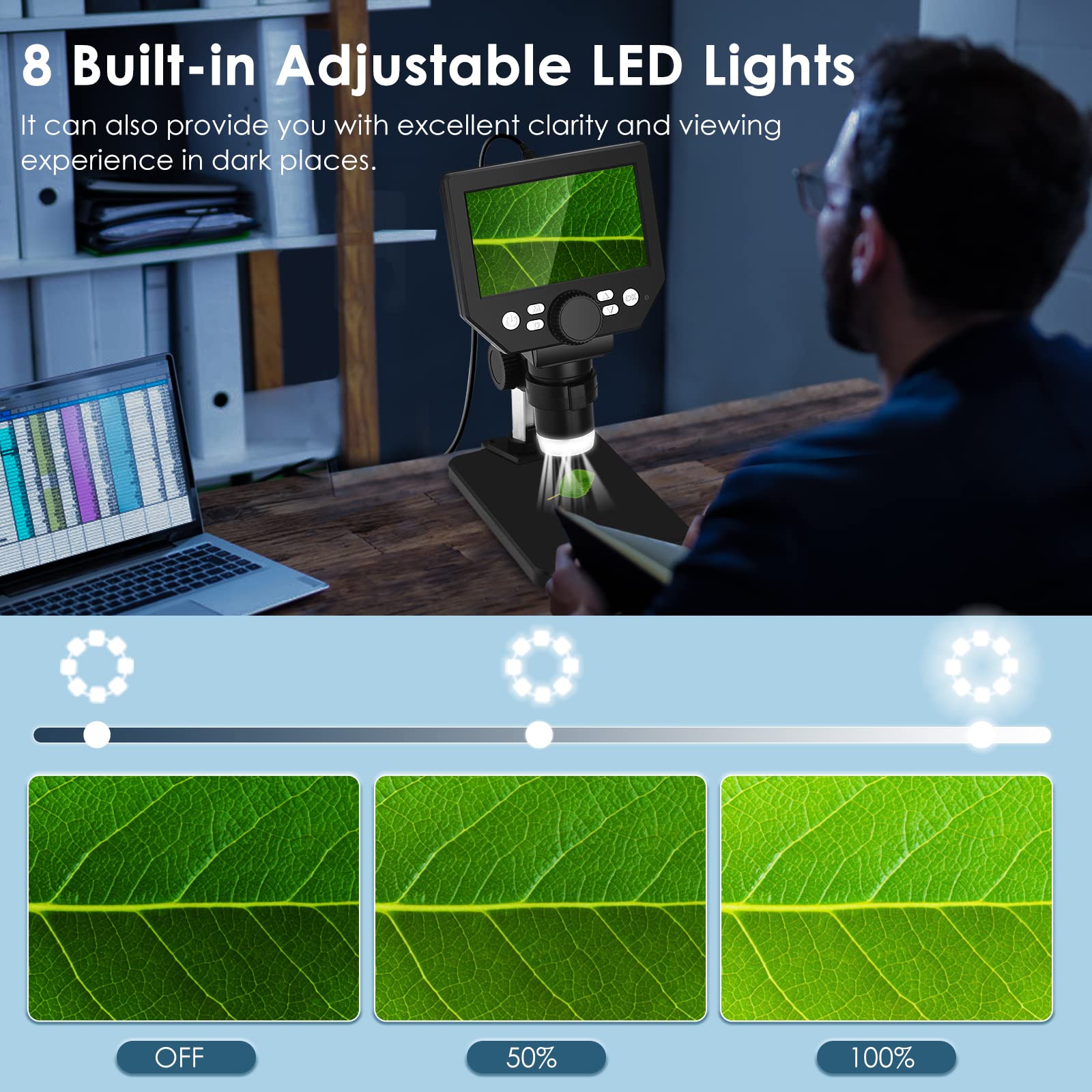 Produktbild von Digitales Mikroskop 4,3 Zoll LCD Mit 8 LEDs – 1080P 1000X, 2600mAh Akku, 64GB Speicher, USB (für Kinder & Erwachsene)