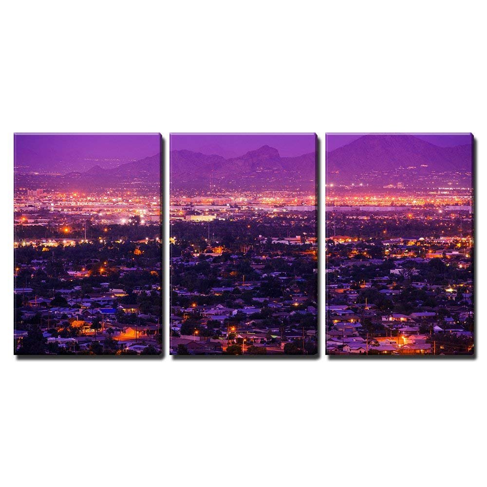 wall26 - 3 Piece Canvas Wall Art - Phoenix Arizona Suburbs at Night. Phoenix, United States. City Panorama. - Modern Home Art Stretched and Framed Ready to Hang - 16"x24"x3 Panels