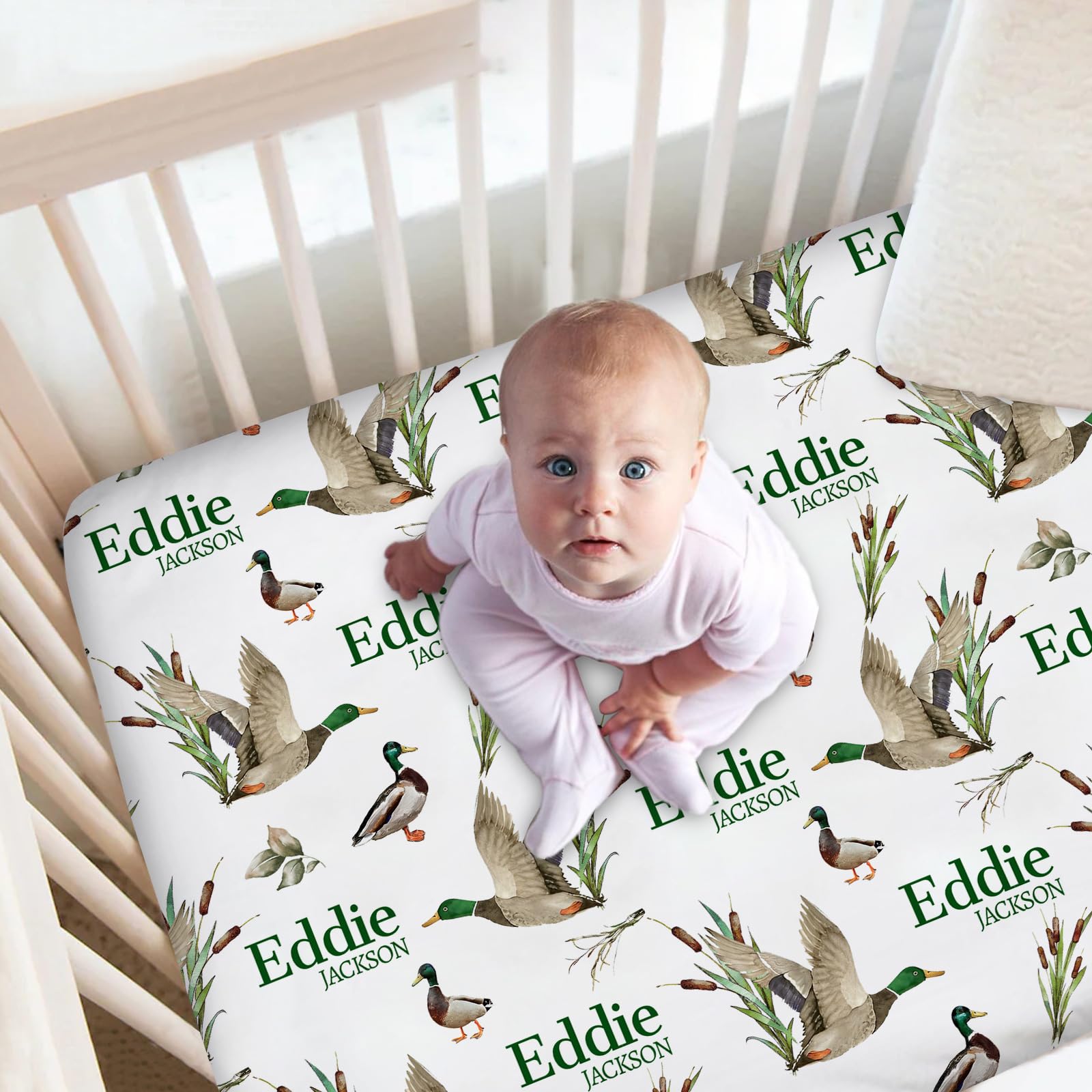 Munific Personalized Crib Bedding Set for Boys & Girls, Custom Wild Ducks Baby Nursery Bedding with Name, 2 Piece Set, Name Crib Comforter, Fitted Sheets