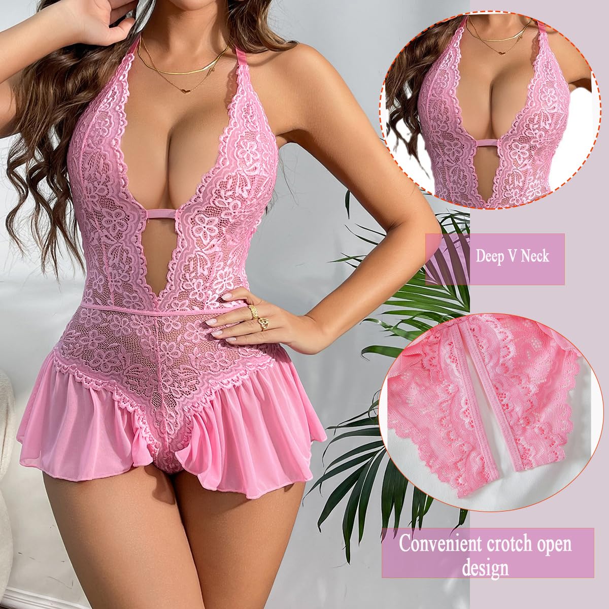 WBDWWTD Nuisette Sexy pour Femme en Dentelle Florale - Body Dos Nu en V Profond - Une pièce Dos Nu - Chemise de Nuit Creuse - Jupe en Maille - Patchwork - Chemise de Nuit pour Femme pour la
