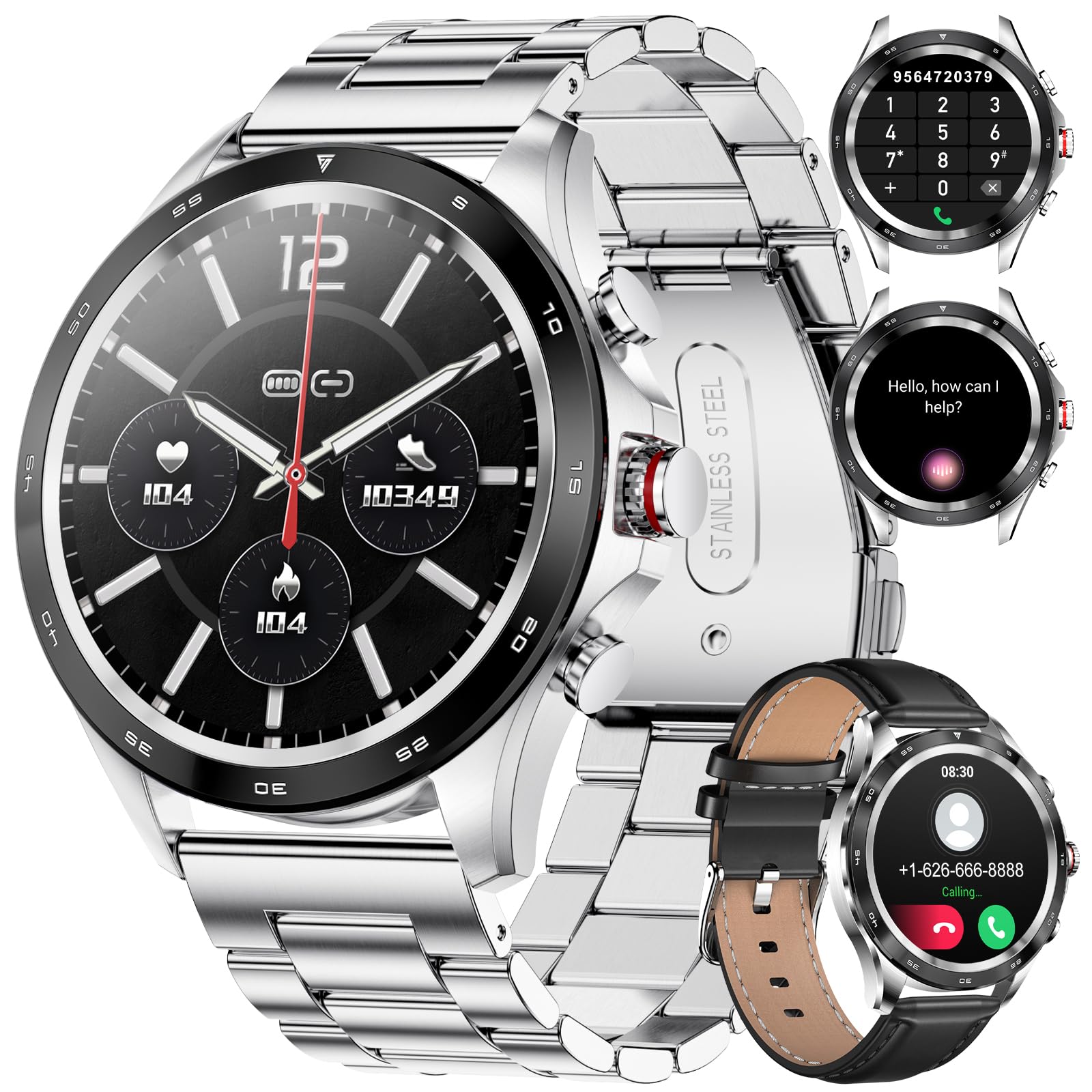 Smartwatch Uomo, con Chiamata Bluetooth e Risposta Vivavoce, Orologio Fitness Impermeabile con Cardiofrequenzimetro SpO2 Notifiche Messaggi Contapassi Cronometro Orologio Sportivo per Android iOS