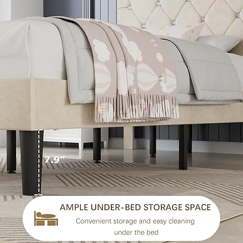 Miniatura 82 de VECELO Base de cama de tamaño individual, plataforma tapizada con cabecera ajustable de diamante, soporte de listones de madera, no necesita somier,