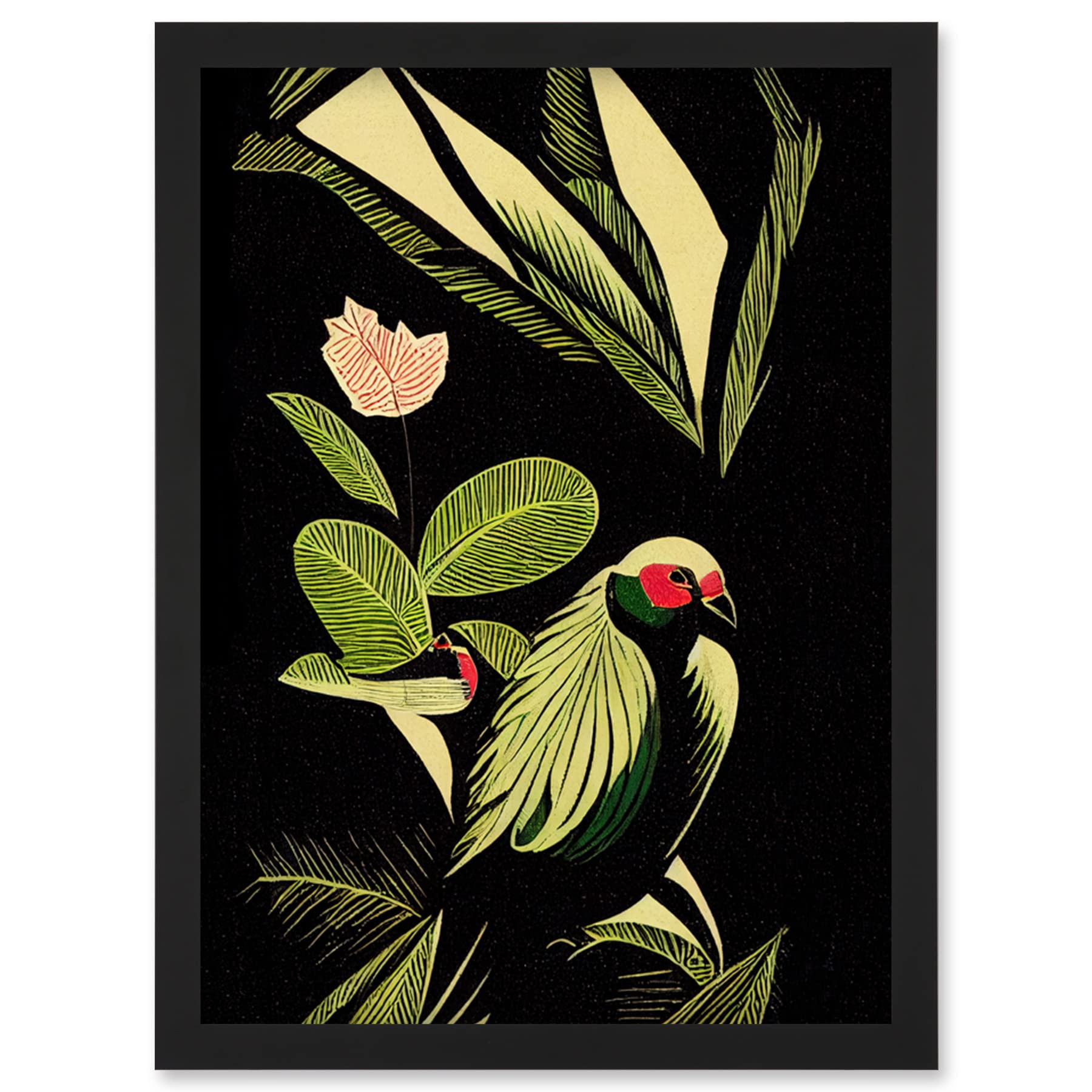 Wee Blue Coo Green Black Modern Vintage Tropical Plant Leaves with Bird Artwork Framed Wall Art Print A4