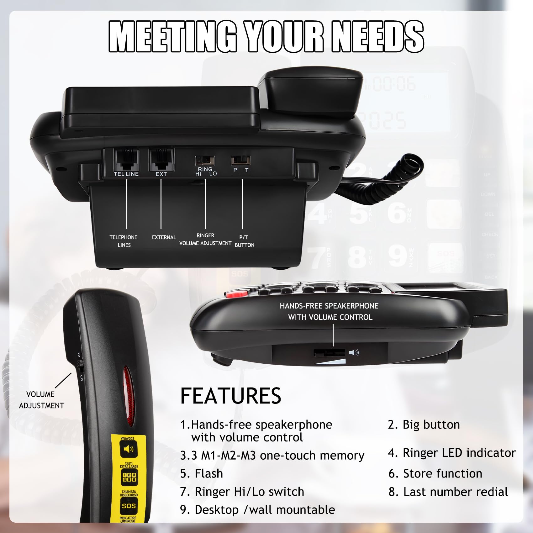 Telefono con pulsante grande per anziani, telefono fisso con cavo con altoparlante e display LCD, composizione rapida One Touch, volume regolabile, luce ID chiamante, funzione vivavoce